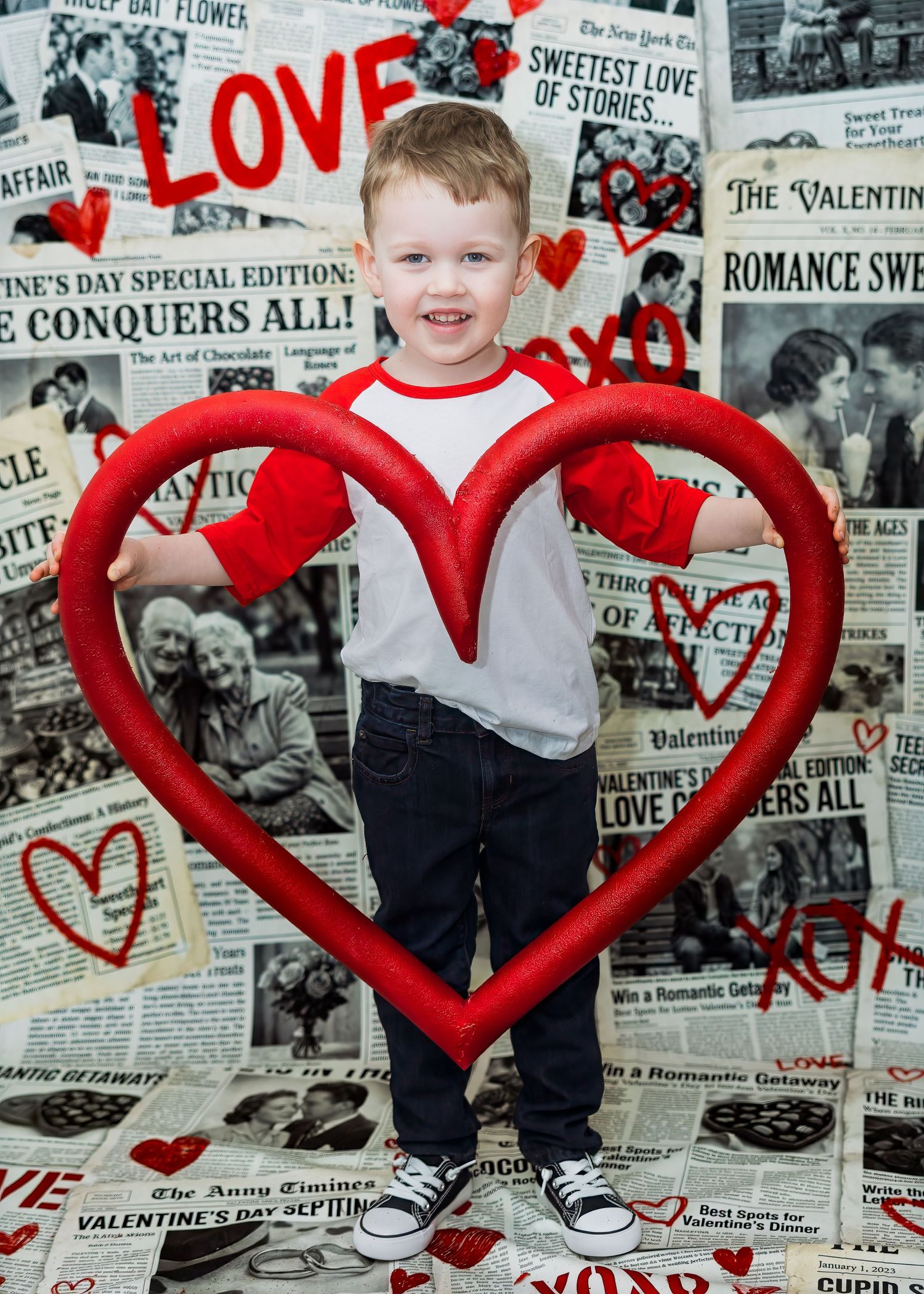 Young boy holds red heart prop in Valentine's Day newspaper backdrop photo.