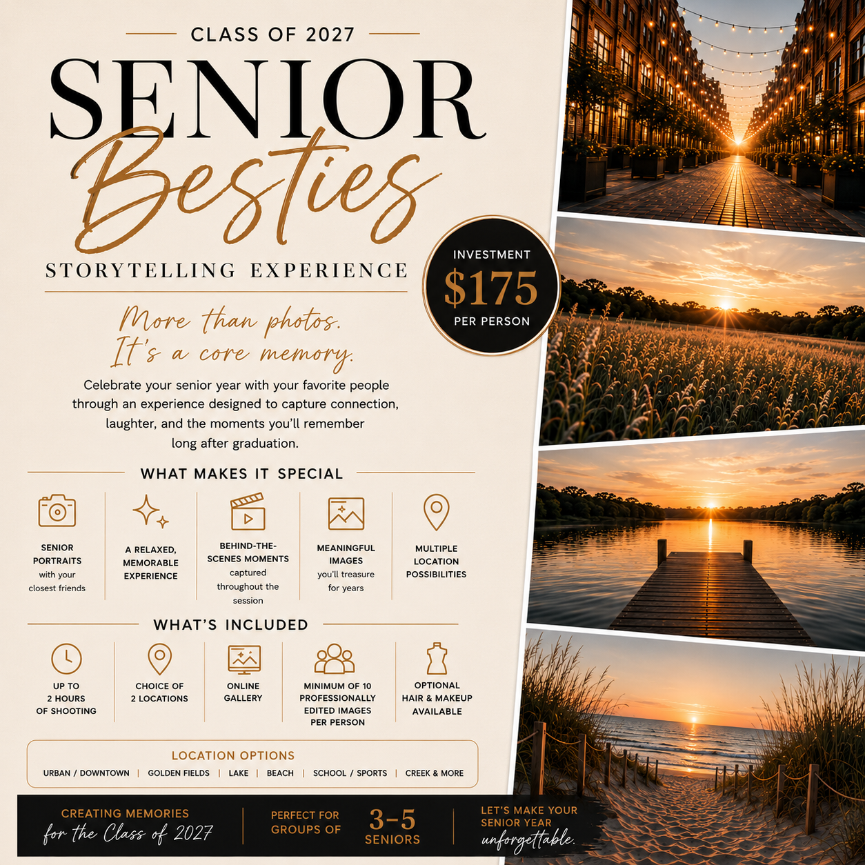 Senior Besties Class of 2027 storytelling experience flyer with sunset photos and $175 per person investment details.
