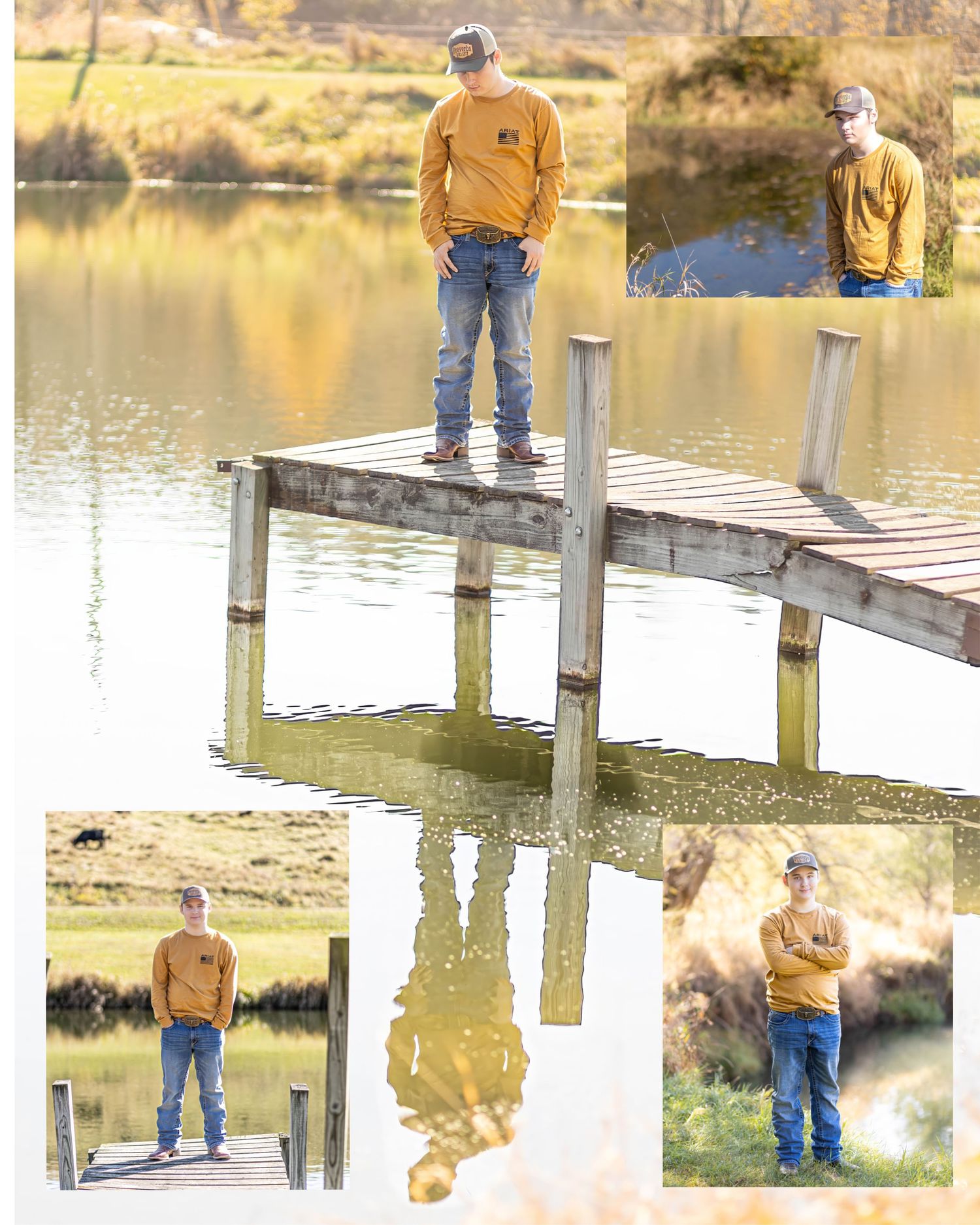 Young man in yellow sweatshirt and jeans poses on a wooden dock by a calm reflective lake in autumn.