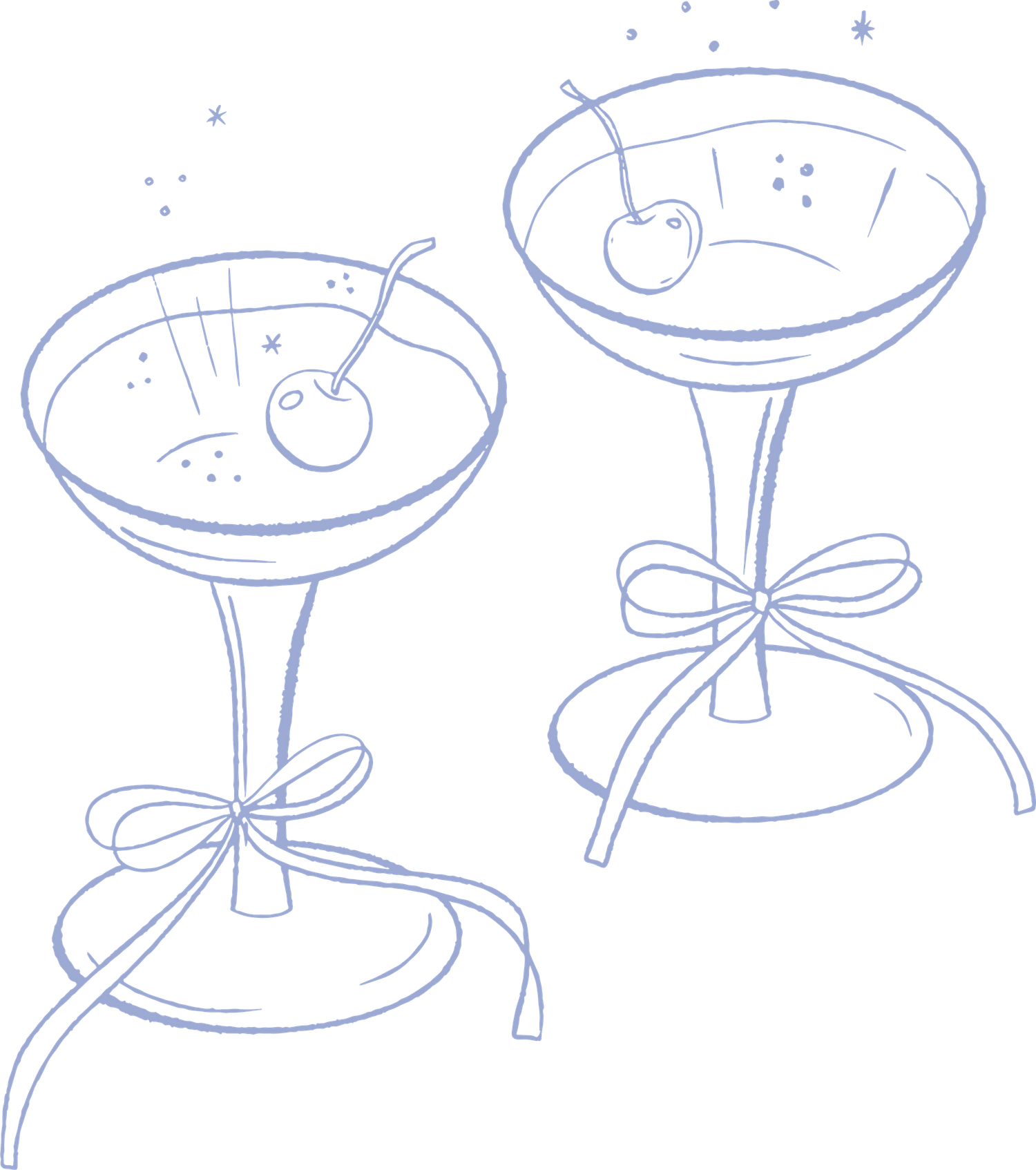 Blue line drawing of two cocktail glasses with bows and floating cherries.