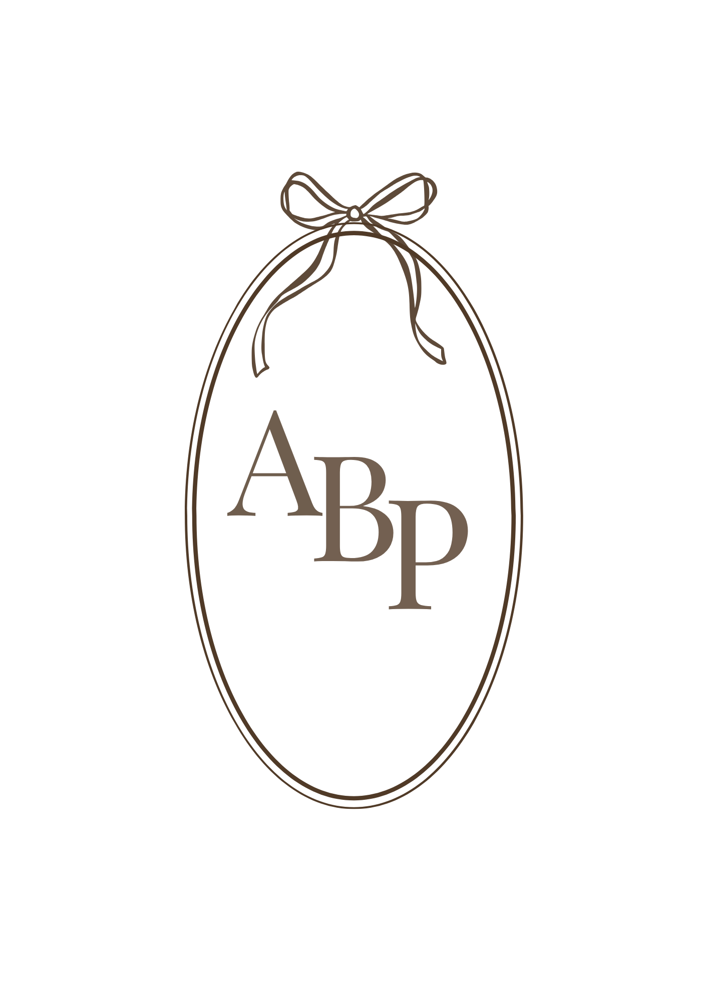 Elegant monogram logo with dark brown letters 'ABP' in an oval frame with a decorative bow on top.