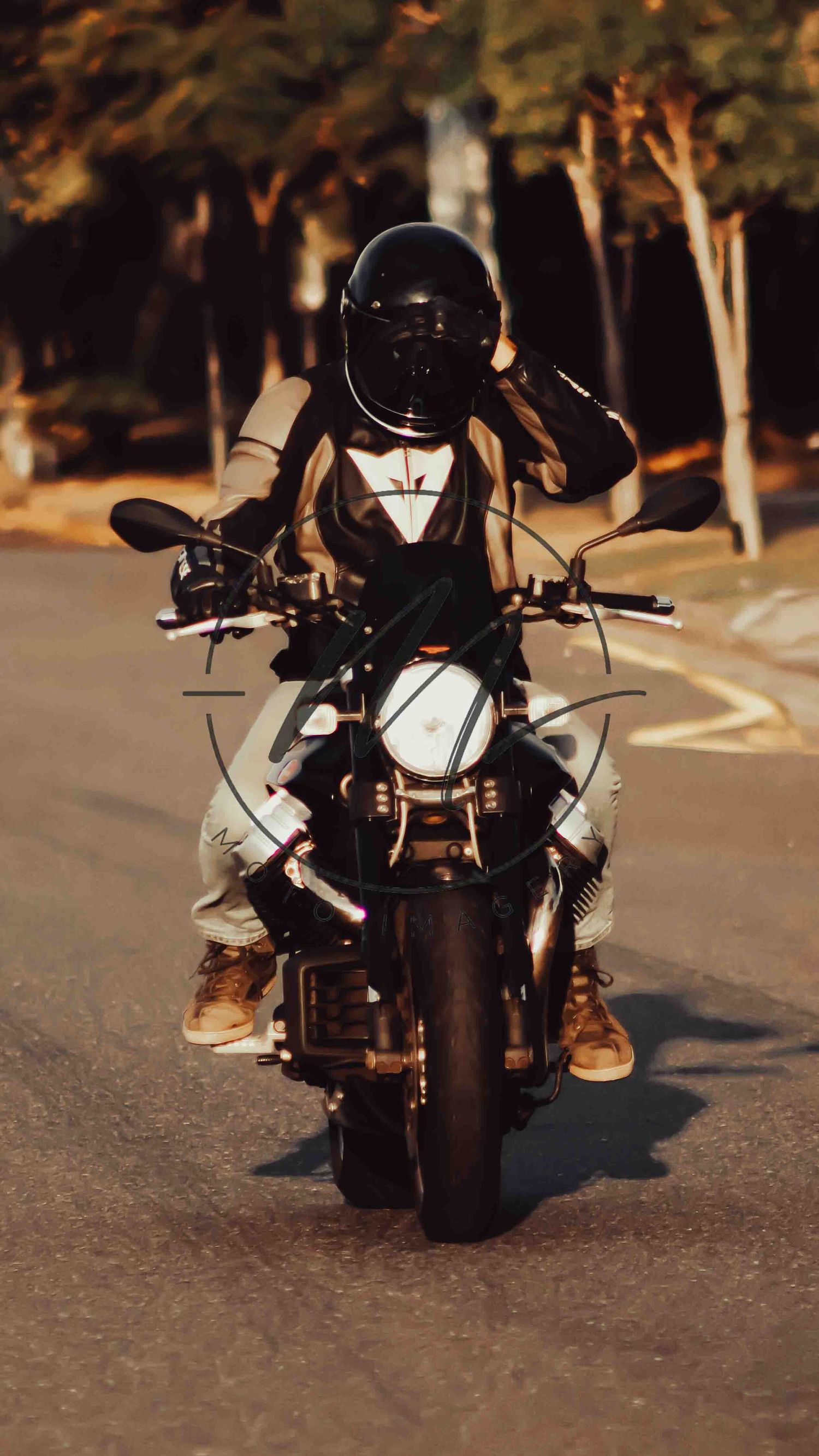 Motorcyclist in black helmet and leather jacket riding a sport motorcycle on a tree-lined road.