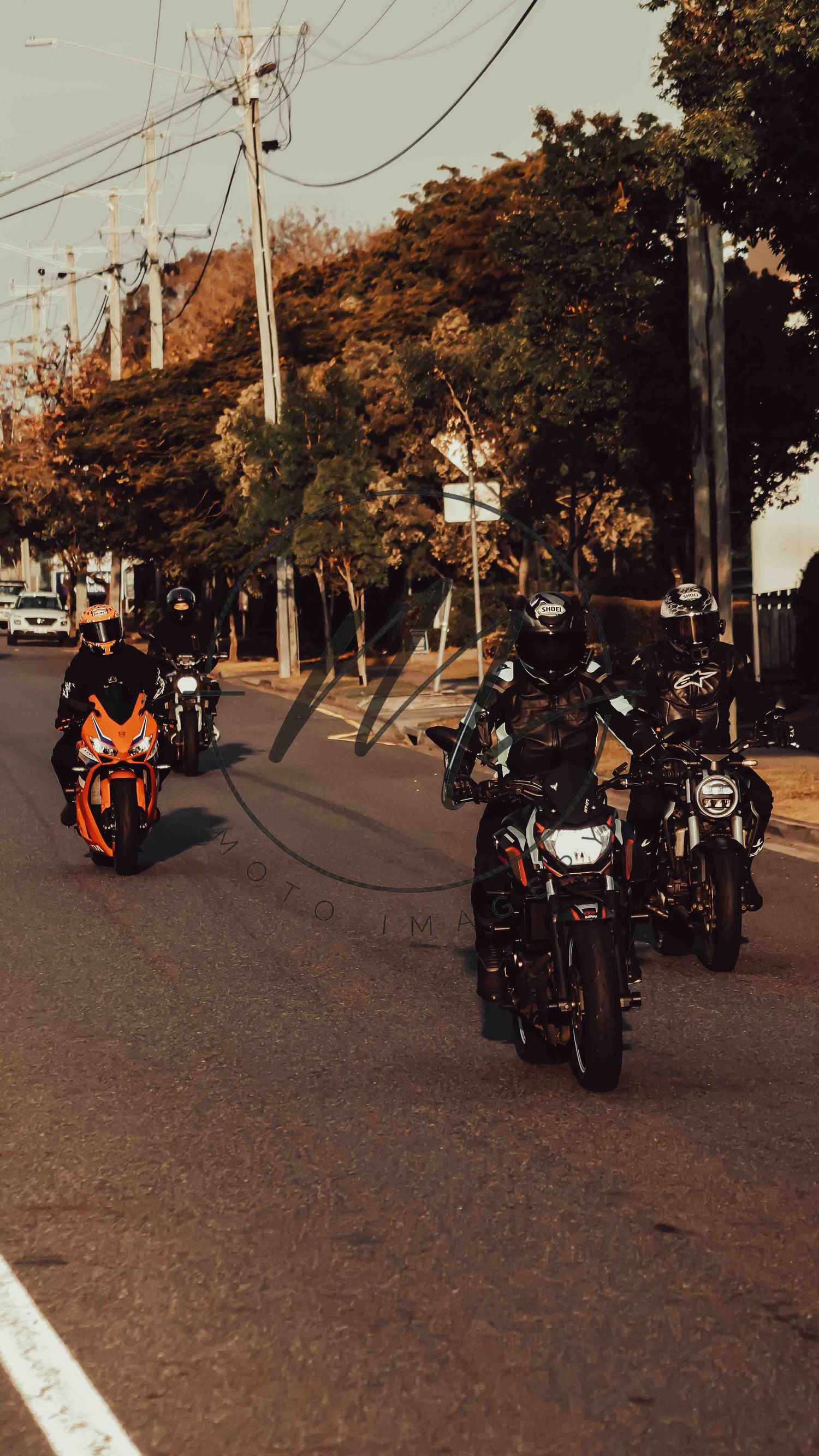 Group of motorcyclists riding sport bikes down a tree-lined suburban street on a sunny day.