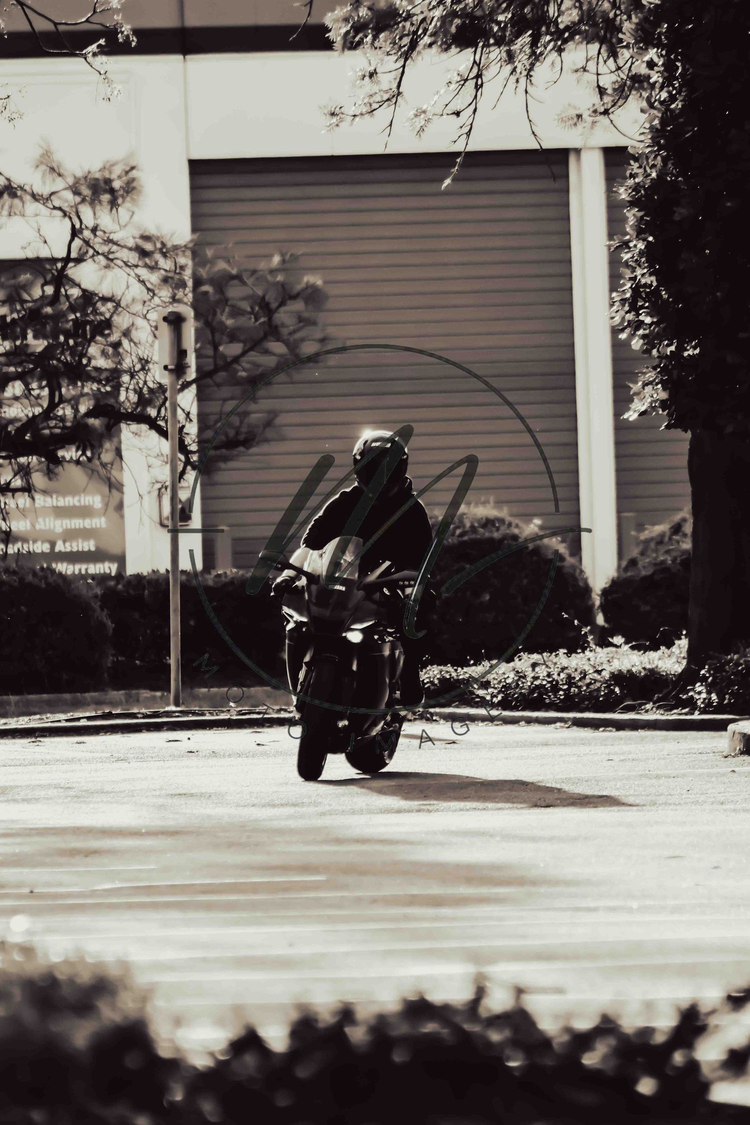 Black and white photo of a motorcyclist performing a wheelie on a street near a building.