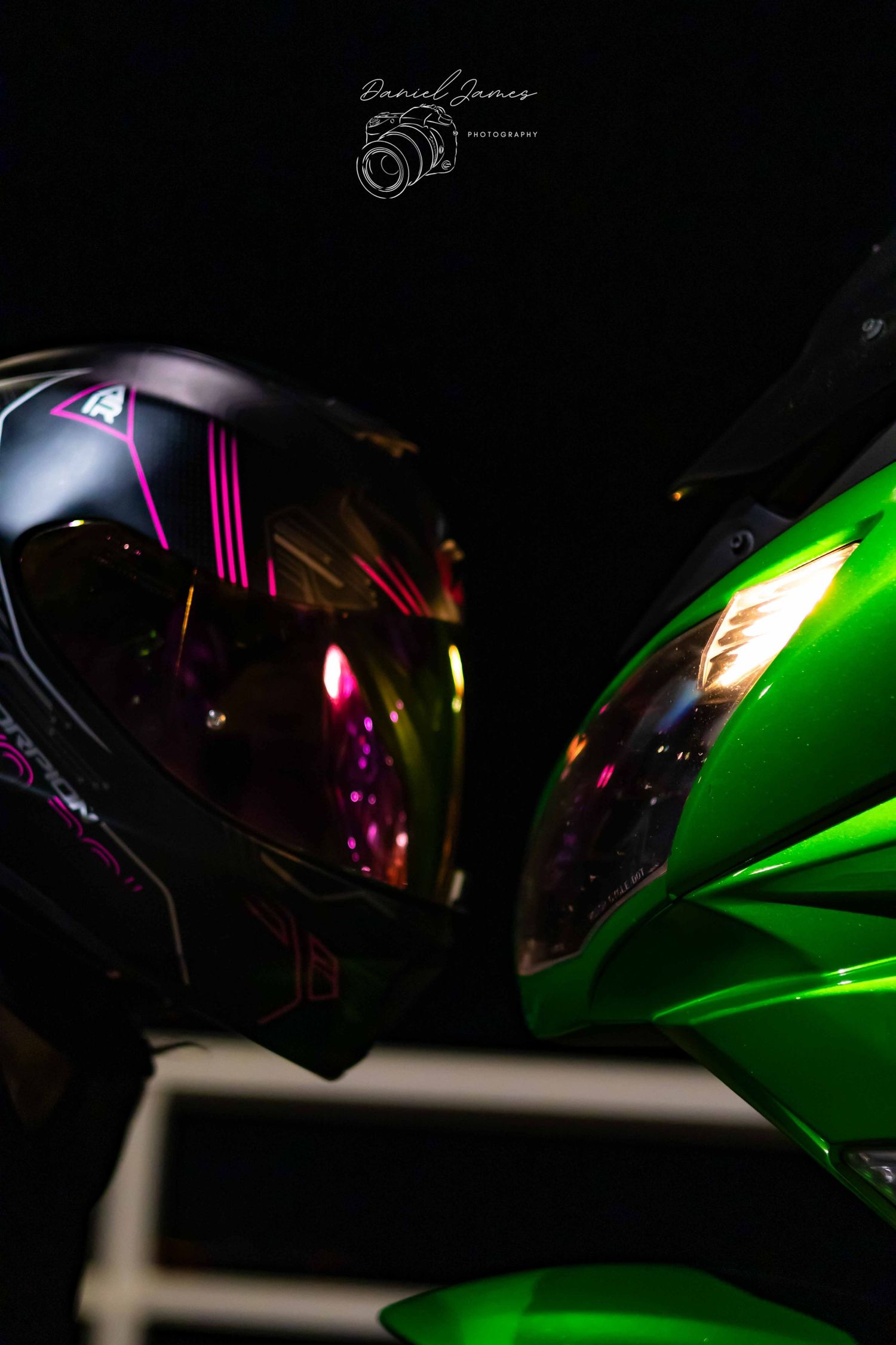 Close-up shots of a sleek green motorcycle with neon lighting effects in the dark.