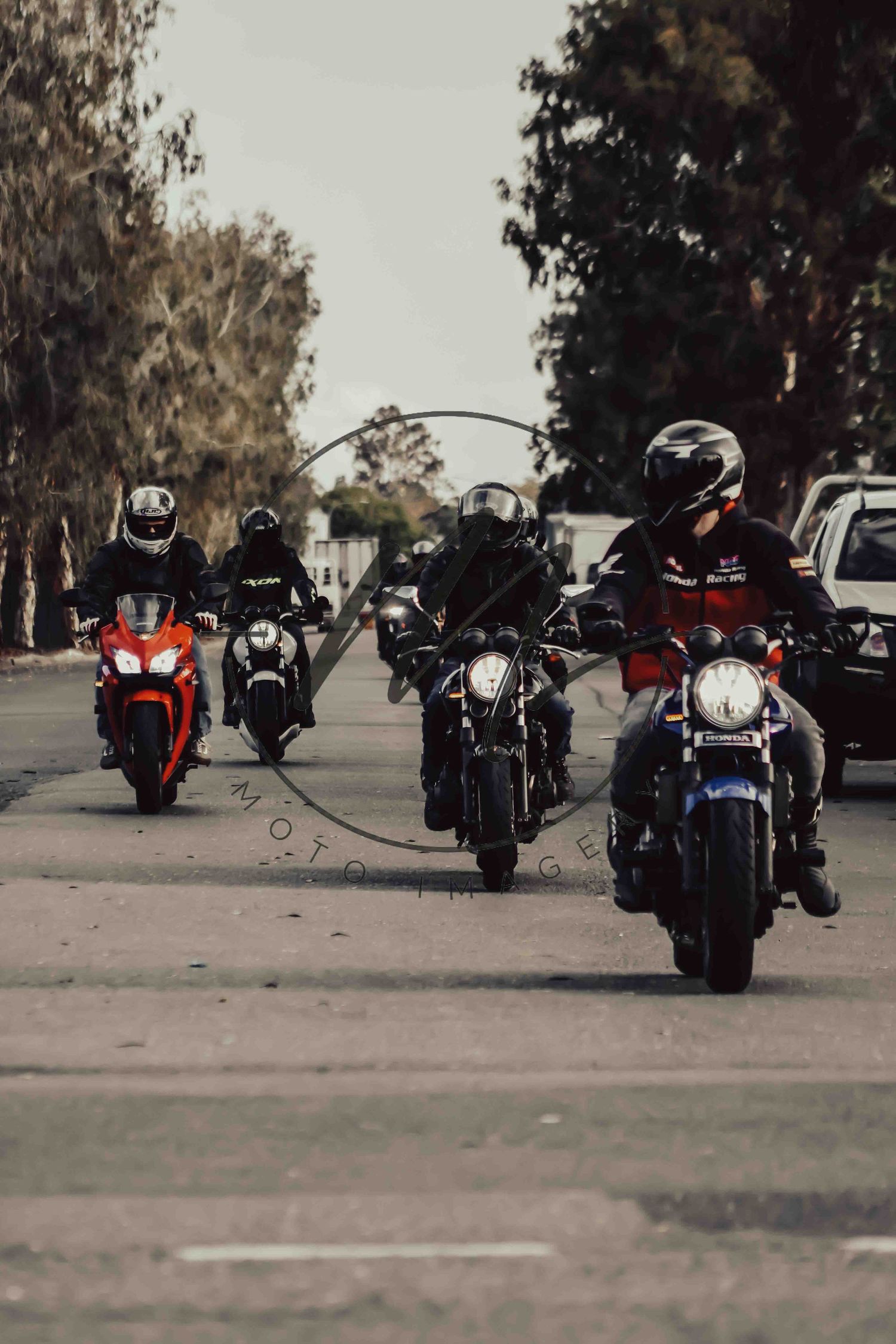 Group of motorcyclists riding in formation on a tree-lined road, wearing helmets and riding colorful bikes.