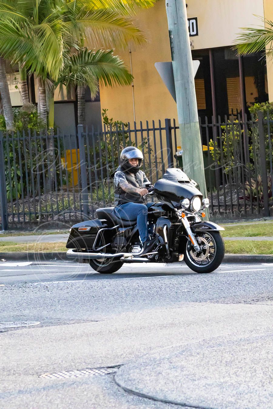 Motorcycles parked on street with palm trees and business storefronts in background.