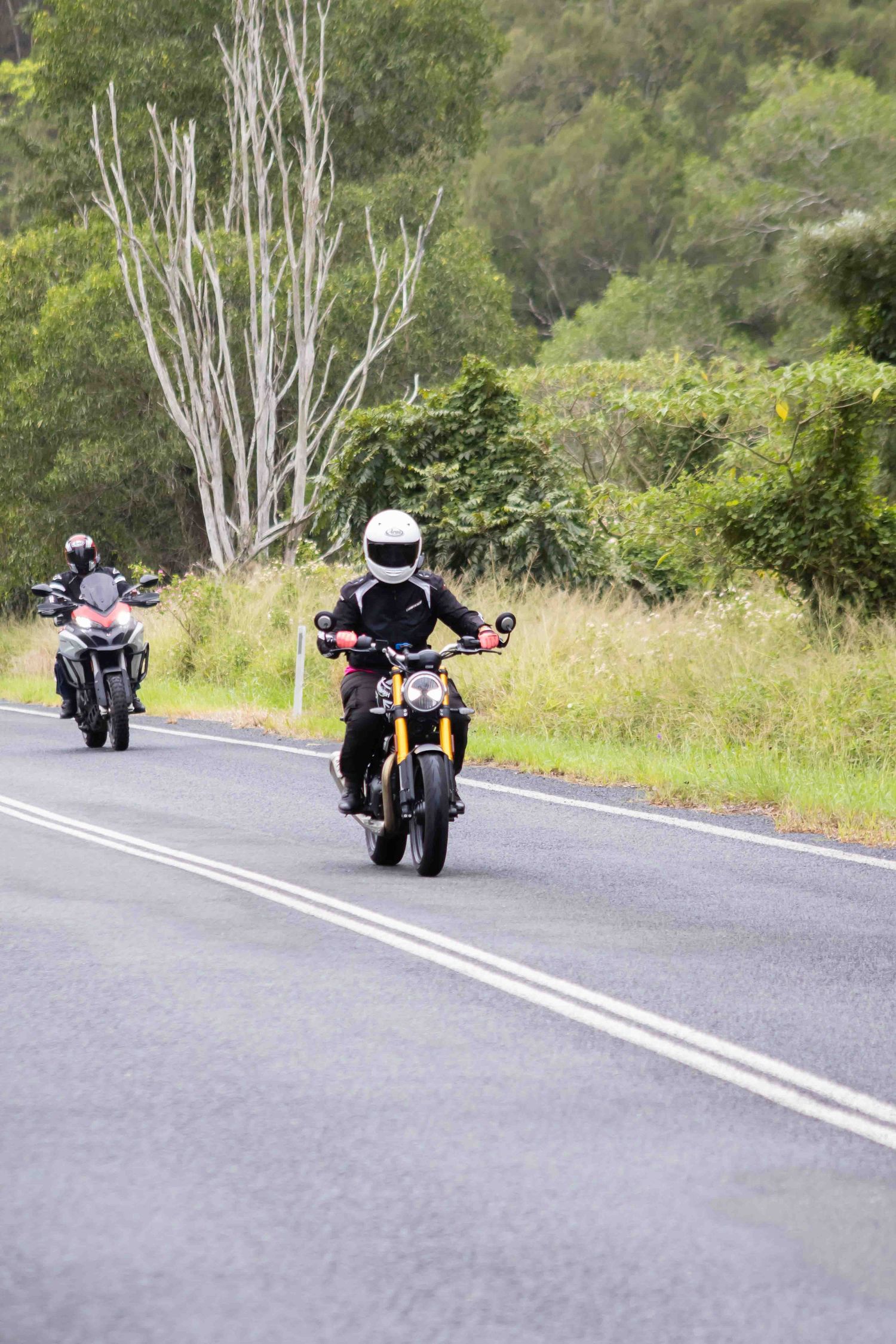 Motorcyclists riding around a curve on a sunny mountain road.