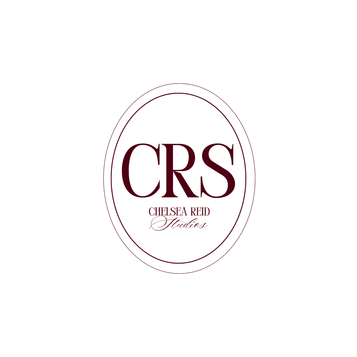 Chelsea Reid Studios CRS logo featuring elegant serif typography inside an oval border in dark burgundy on white.