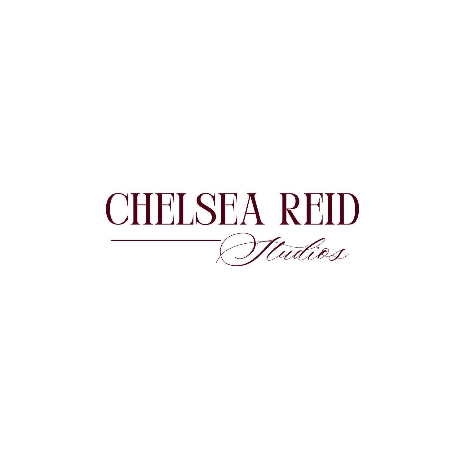 Chelsea Reid Studios logo featuring elegant serif and script typography in dark red on a white background.