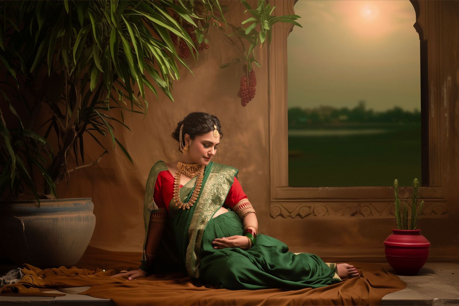 Moody interior scene with soft lighting and indoor plants casting shadows on warm brown walls.