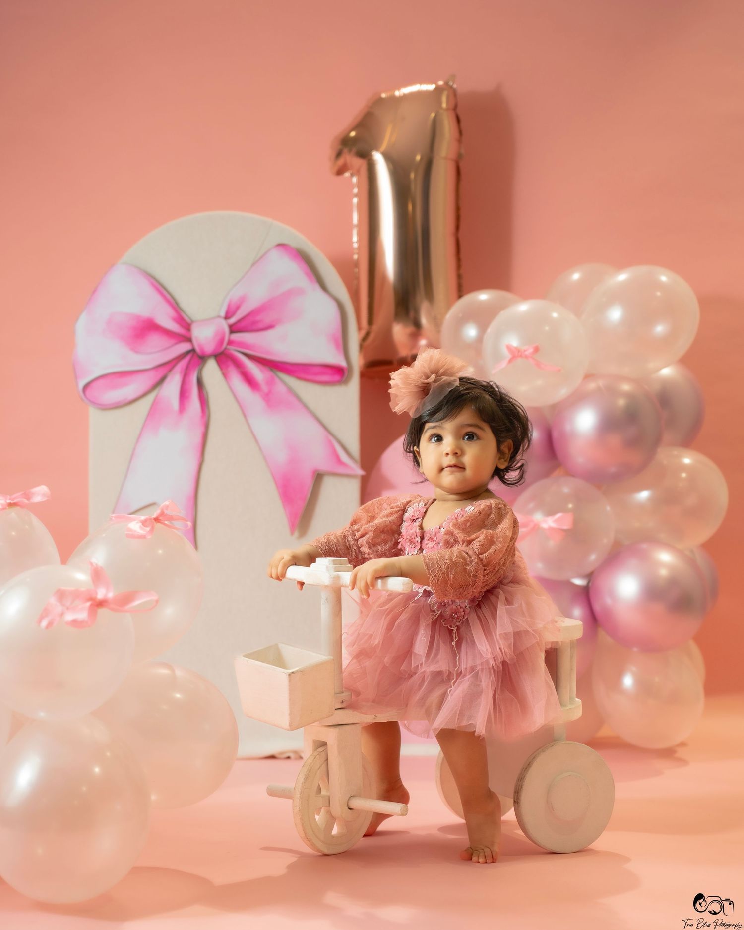 A baby girl in a pink tutu dress celebrates her 1st birthday with balloons and a bow backdrop.