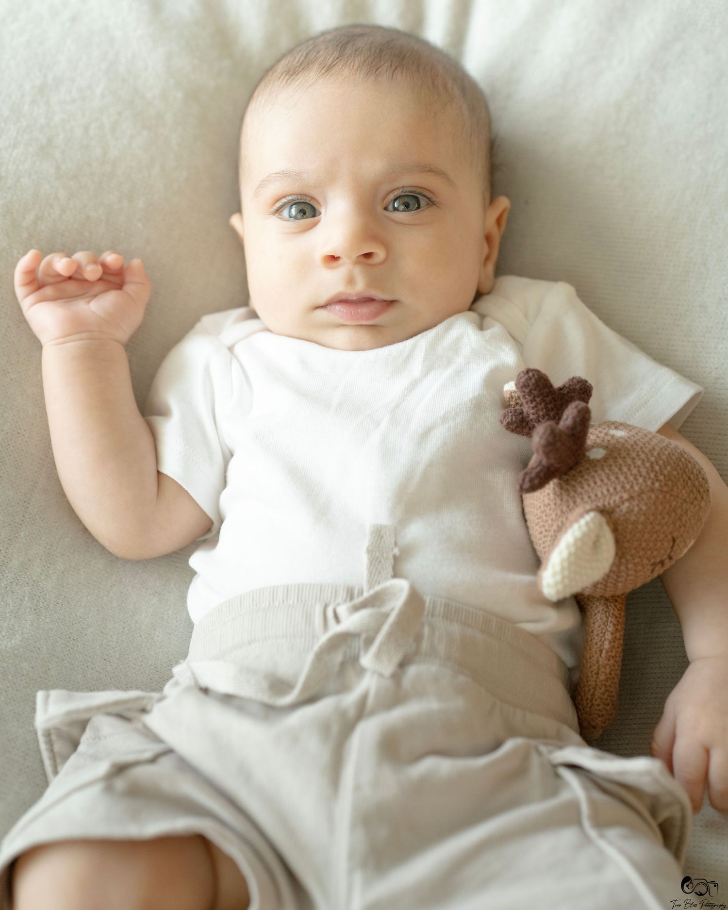 Newborn baby in white onesie lying down with a knitted reindeer toy, looking up with bright blue eyes.