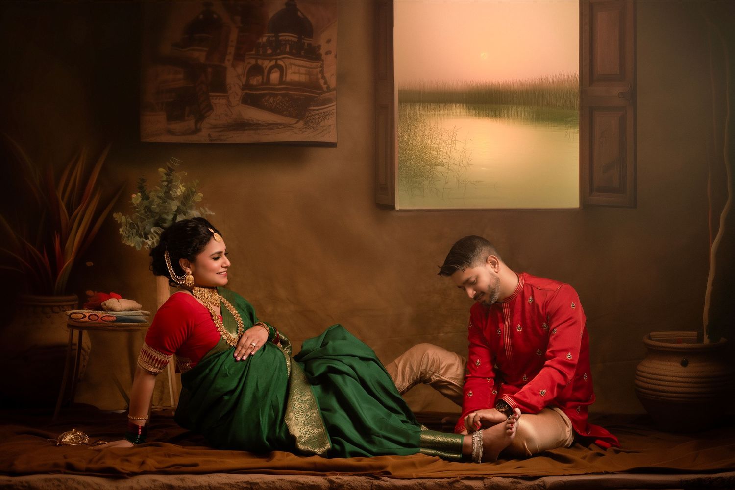 A person in a green dress reclines near a window in a dimly lit rustic interior setting.