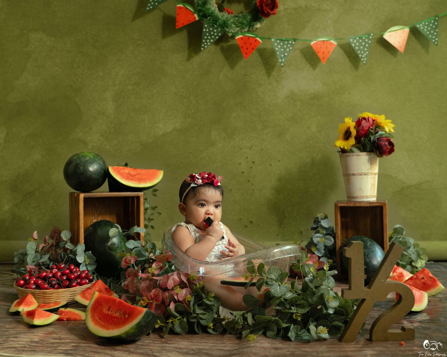 Baby girl sitting in a tub surrounded by watermelons, cherries, and greenery for a fruit-themed first birthday photoshoot.