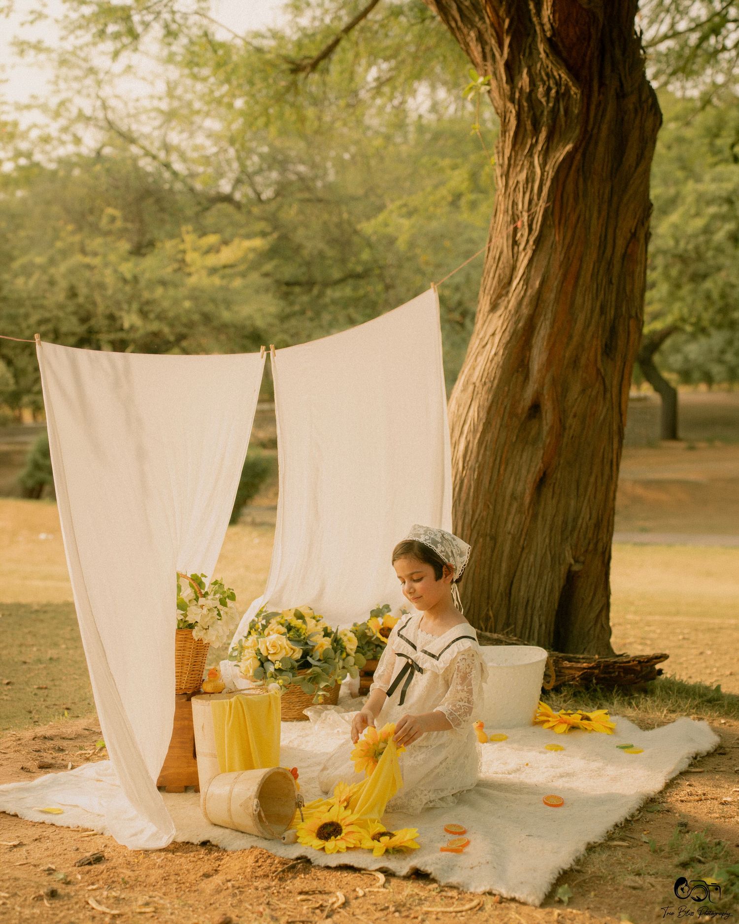 Woman in white dress arranging sunflowers on a picnic blanket under a tree with white drapes outdoors.