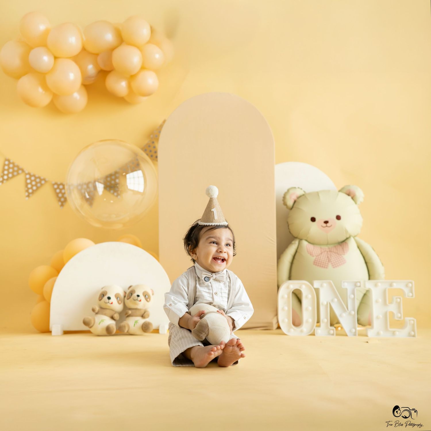 Adorable cake smash photography setup with white bunny plush toys, ONE sign and festive banner on soft beige background.