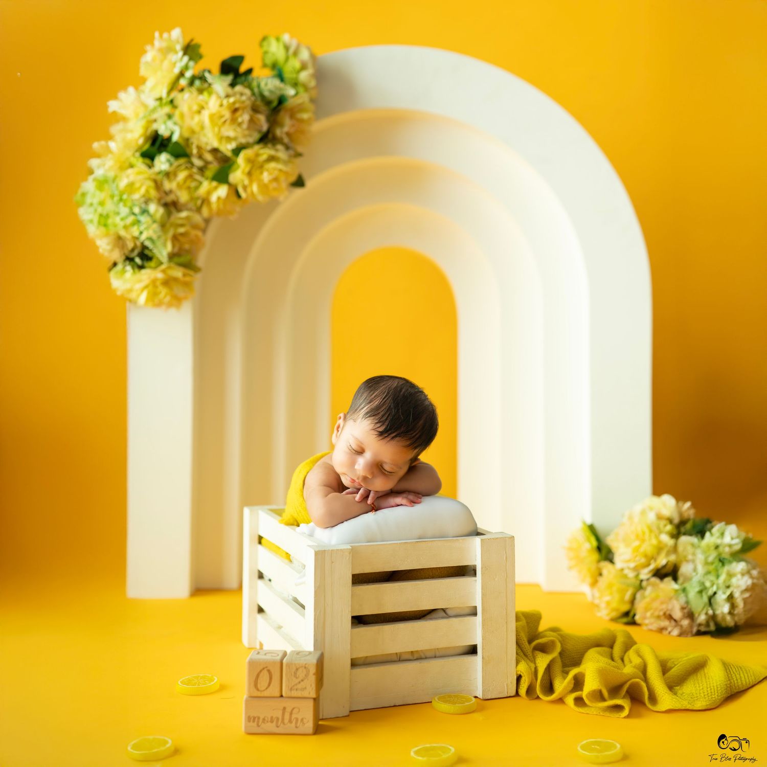 Yellow and white studio setup with an arch backdrop and floral decorations features a small wooden crate and draped fabric.