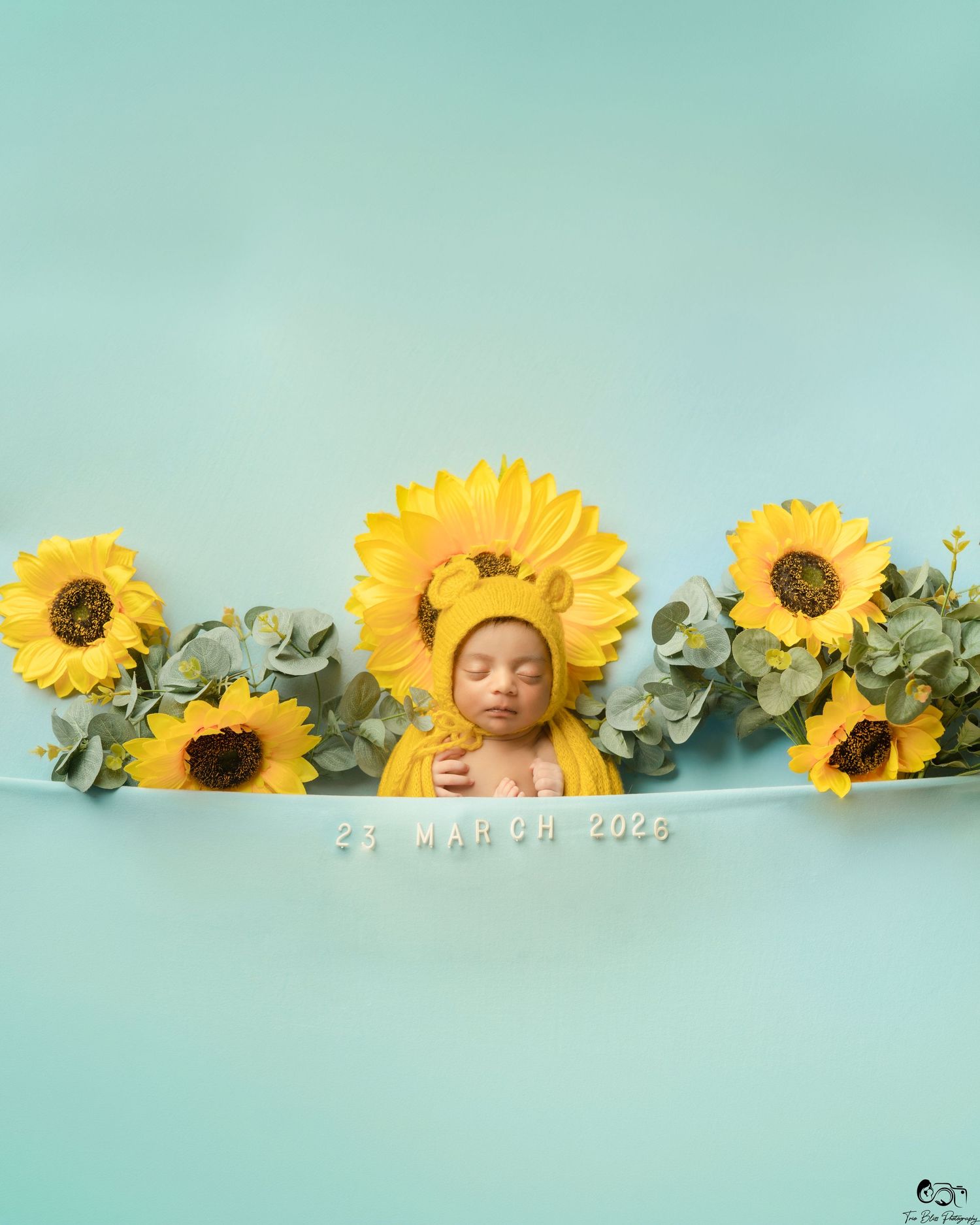 Newborn baby sleeping in sunflowers wearing yellow bonnet on teal background, dated 25 March 2026.