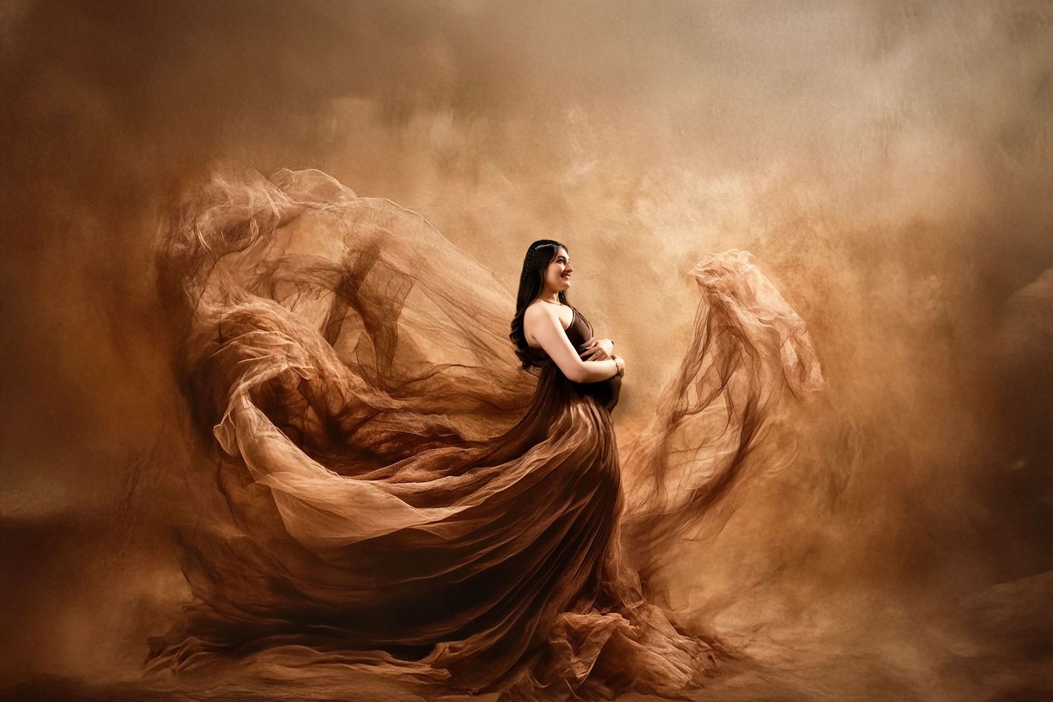 Flowing brown smoky textures swirl against a dark background creating an ethereal atmospheric effect.