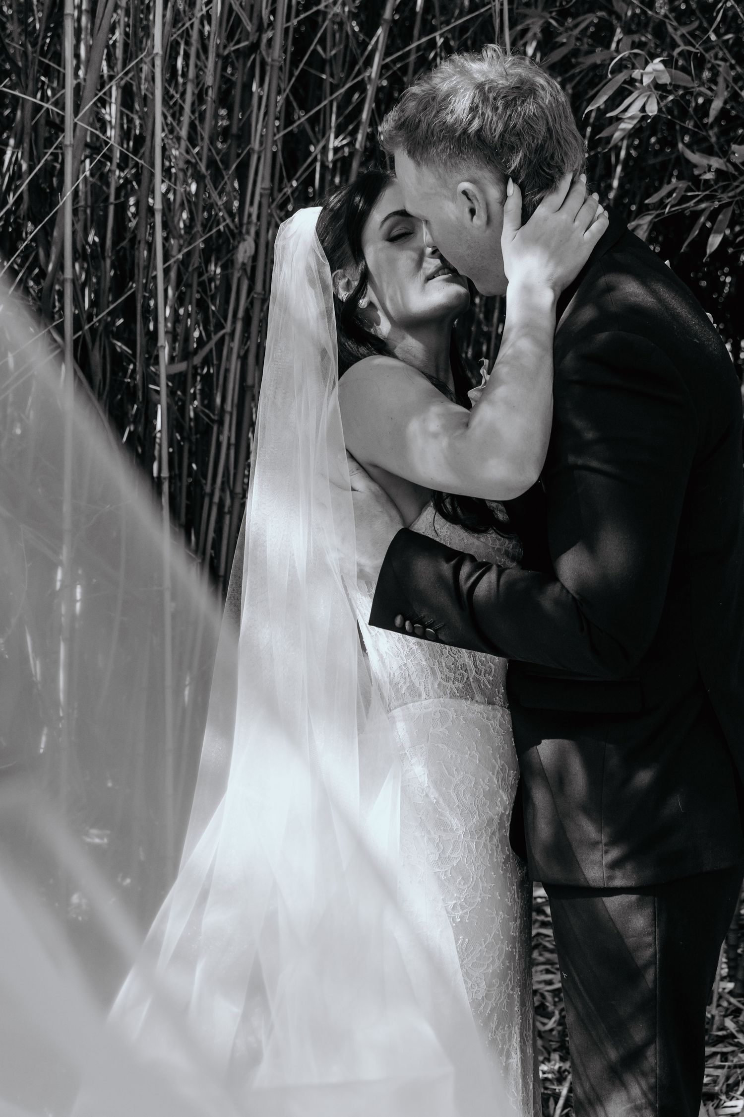 Black and white photo of bride and groom sharing a romantic kiss near bamboo on their wedding day.