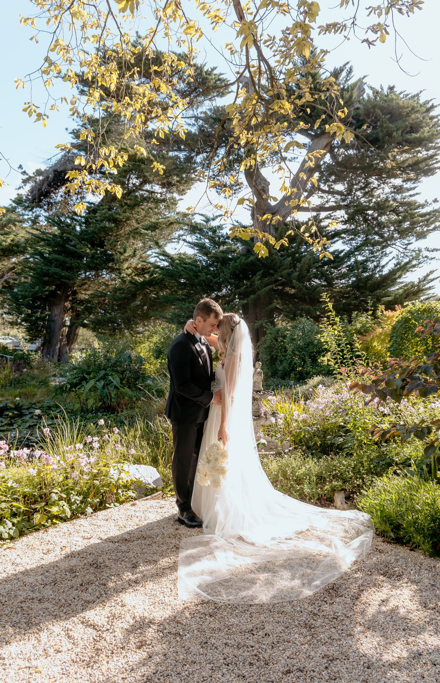 Bride and groom share a kiss in a sunlit garden, her long veil flowing, surrounded by lush greenery and flowers.