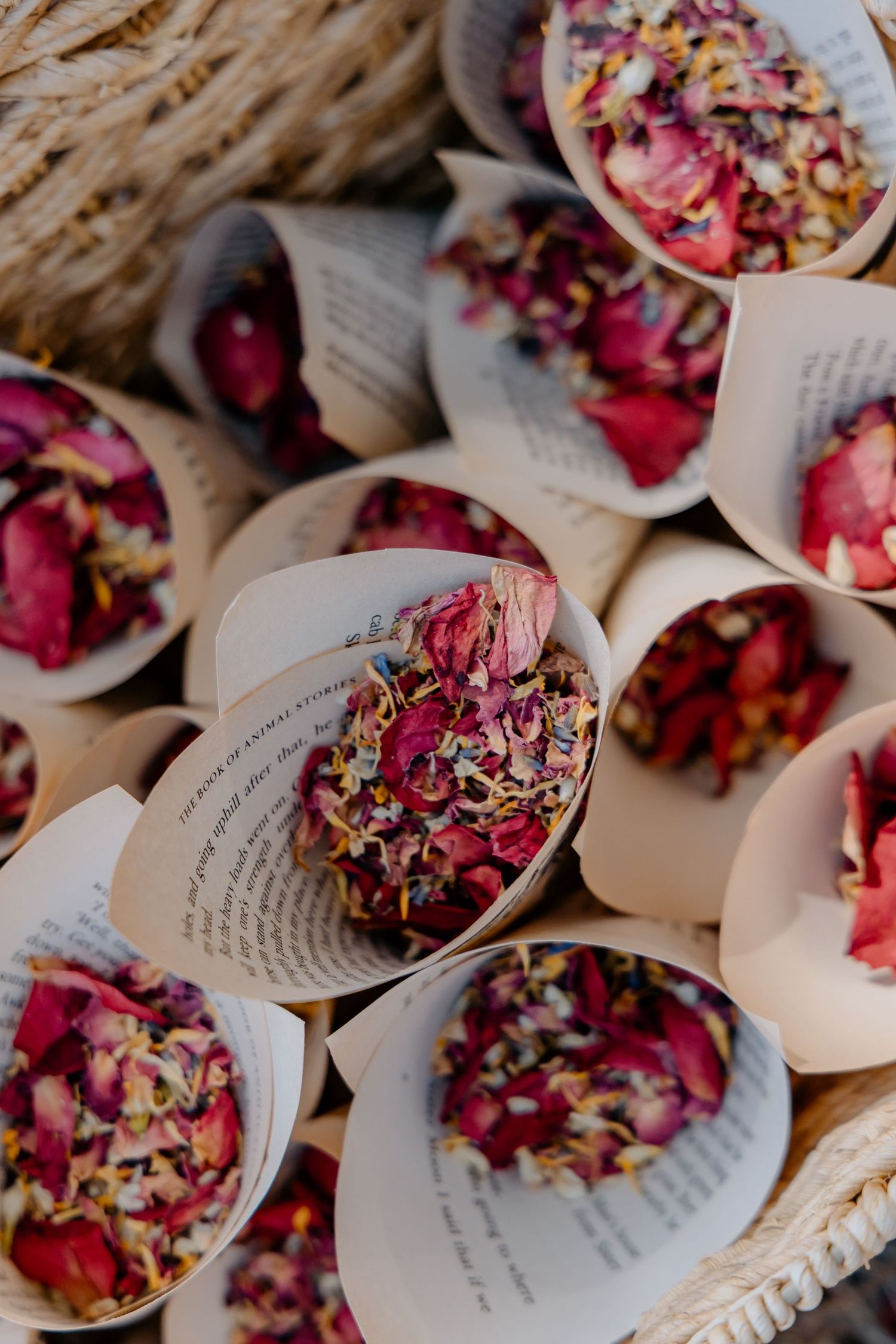 Paper cones filled with pink and red dried flower petals arranged in rows create a beautiful wedding confetti display.