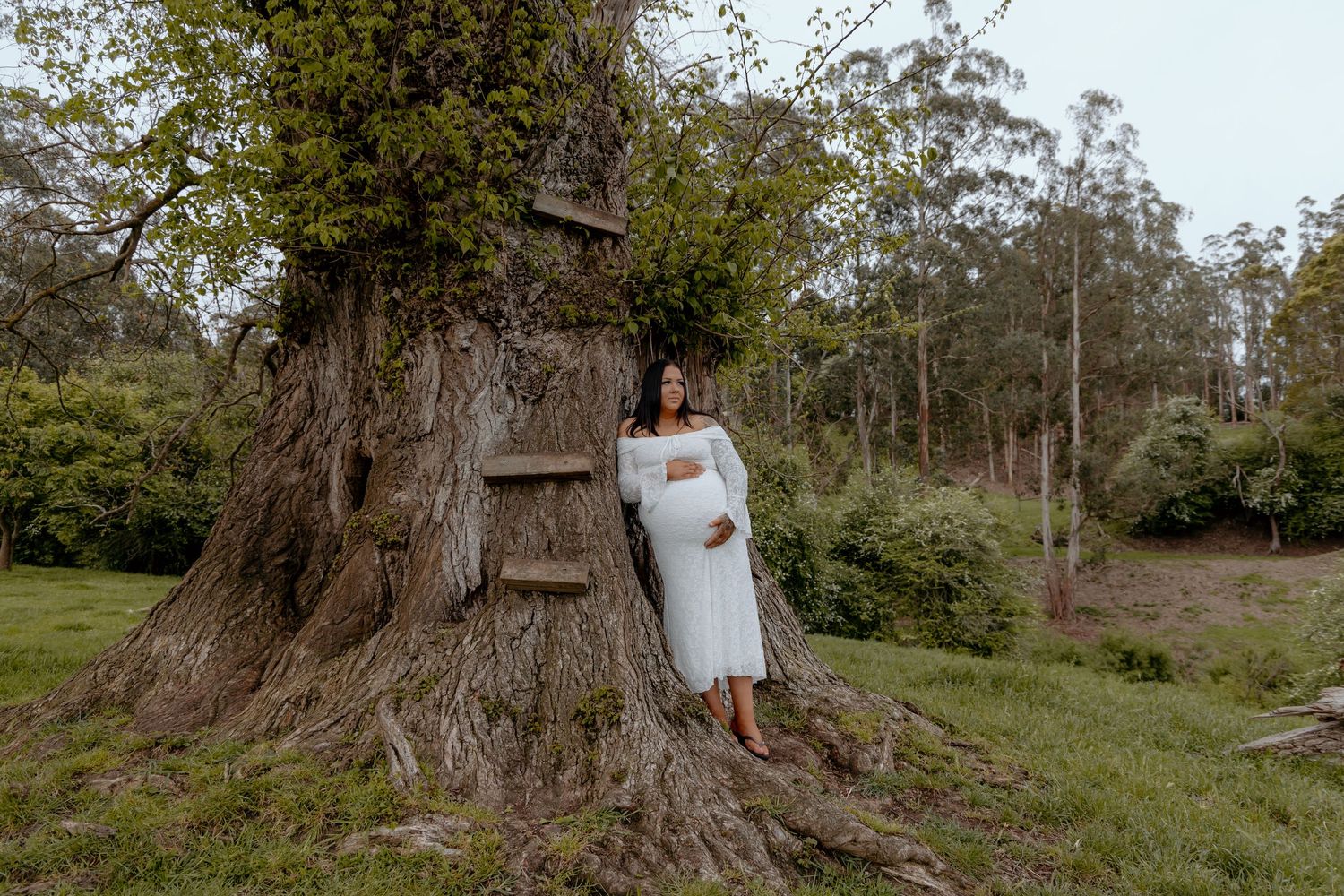 A person in a white dress poses near a large tree trunk in a natural outdoor setting during a photo session.