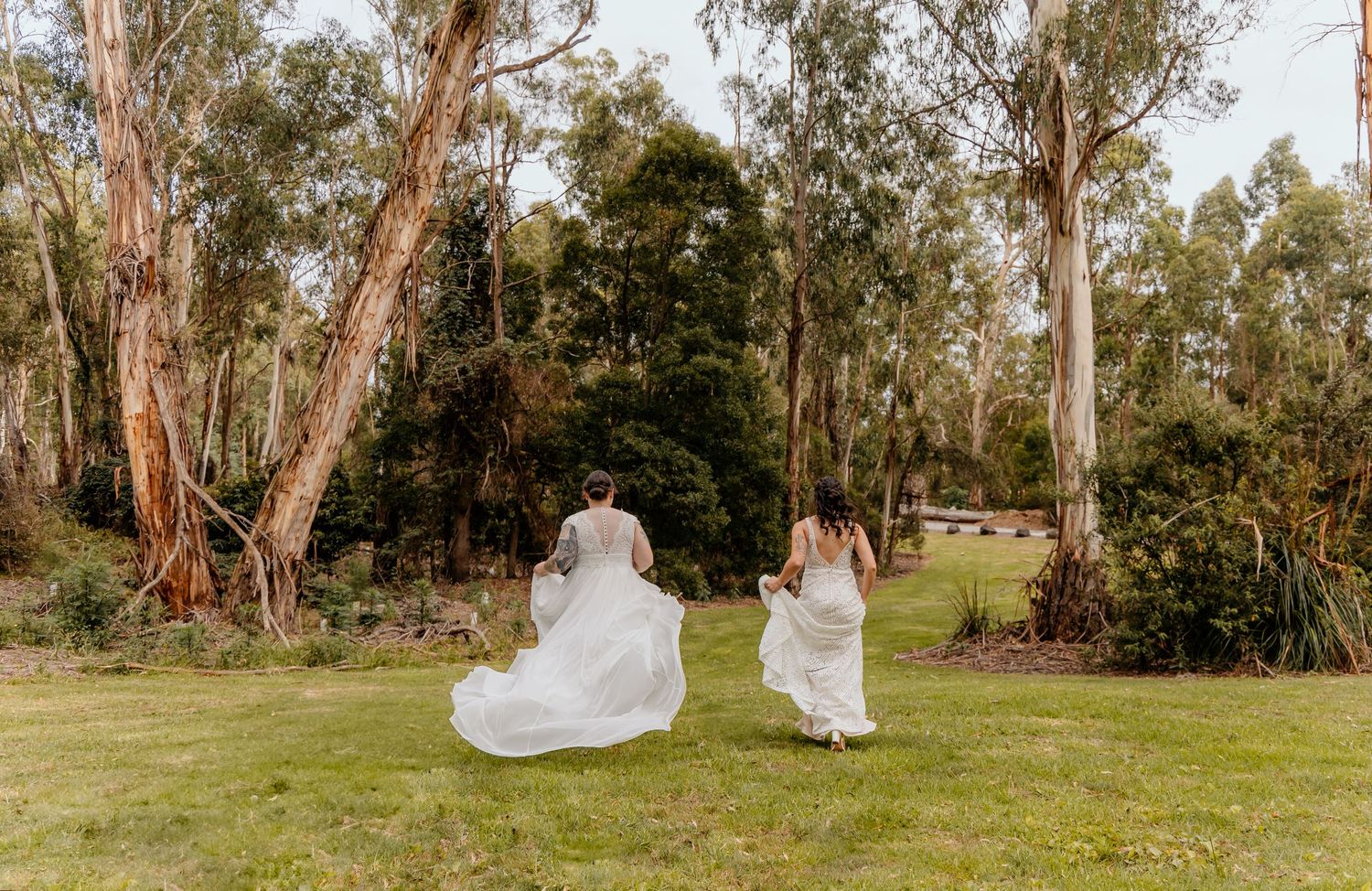 A romantic wedding couple poses in a eucalyptus forest creating a dreamy panoramic series of photos.