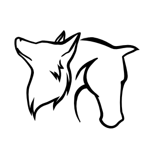 Black line art logo of a fox head looking upward beside a horse head in profile on a white background.