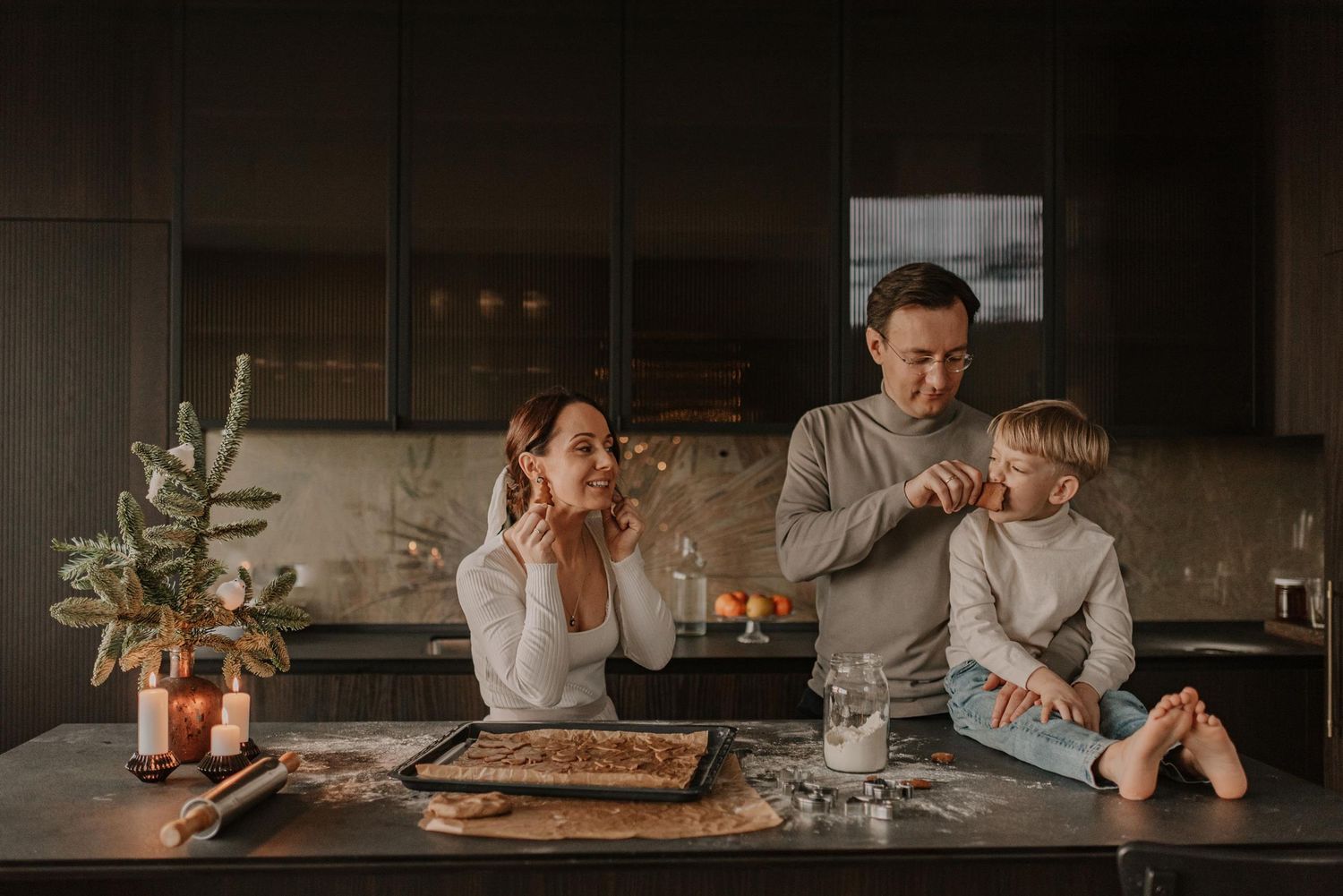 A collection of cozy kitchen scenes showing hands preparing food and drinks on rustic wooden surfaces.