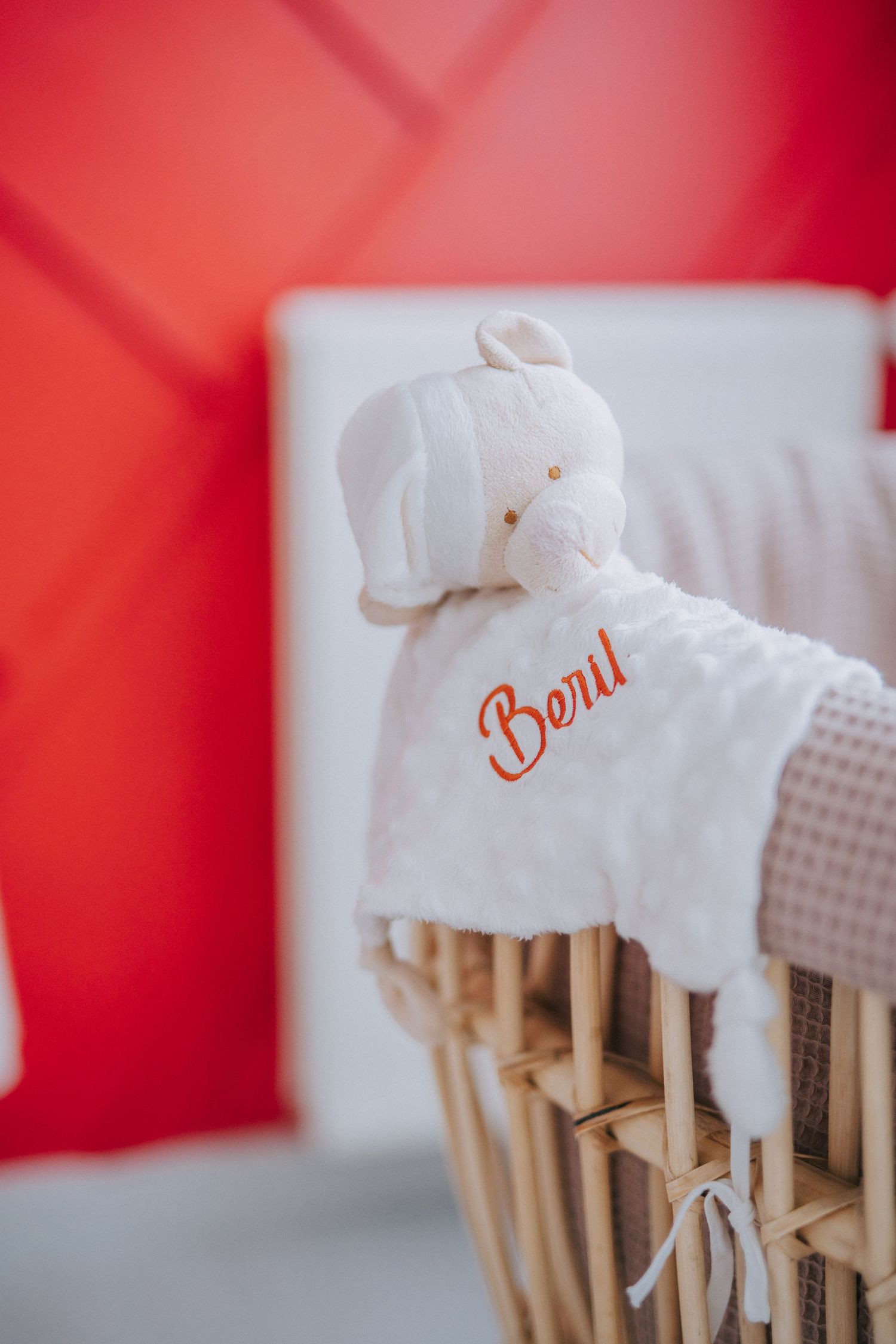 White plush elephant toy with 'Beni' embroidered on it sits against a red background.
