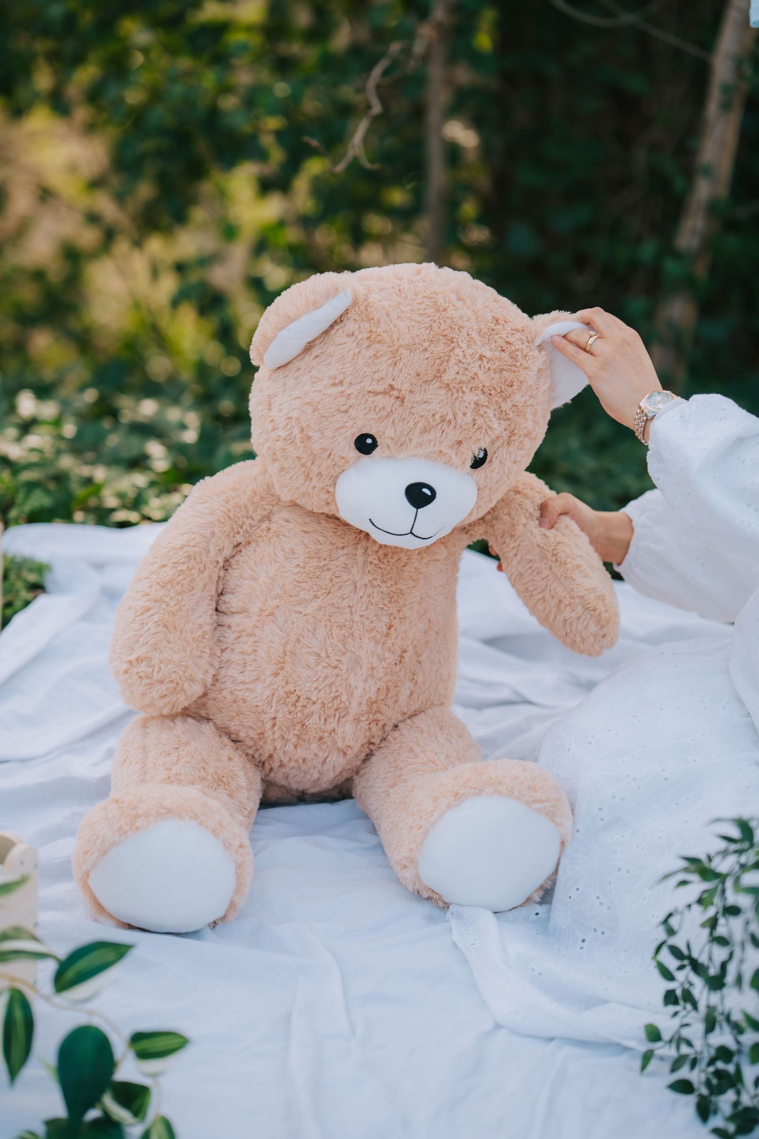 Soft beige teddy bear sitting on white blanket in outdoor garden setting.