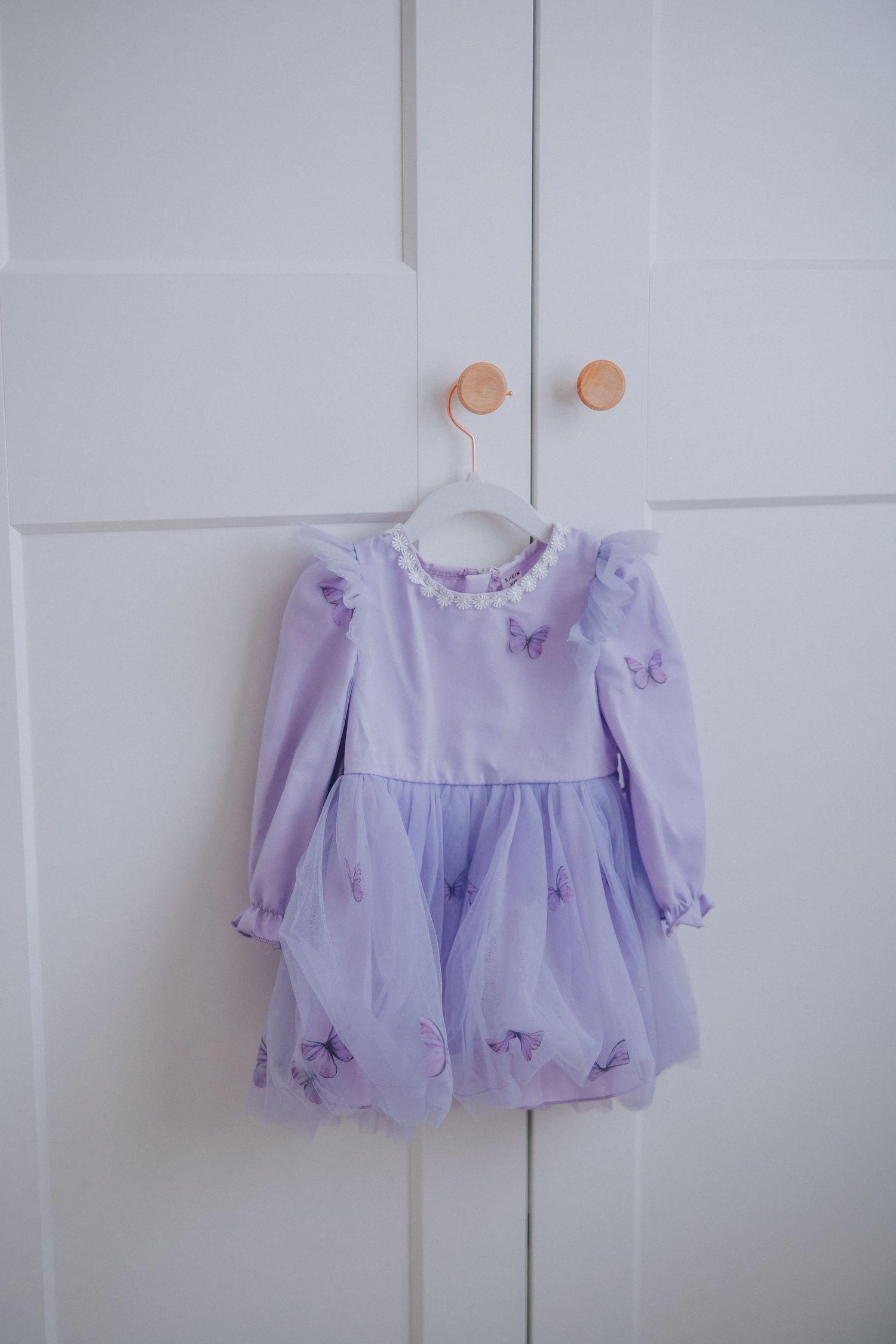 Pastel purple princess dress with butterfly details hangs on white closet doors.