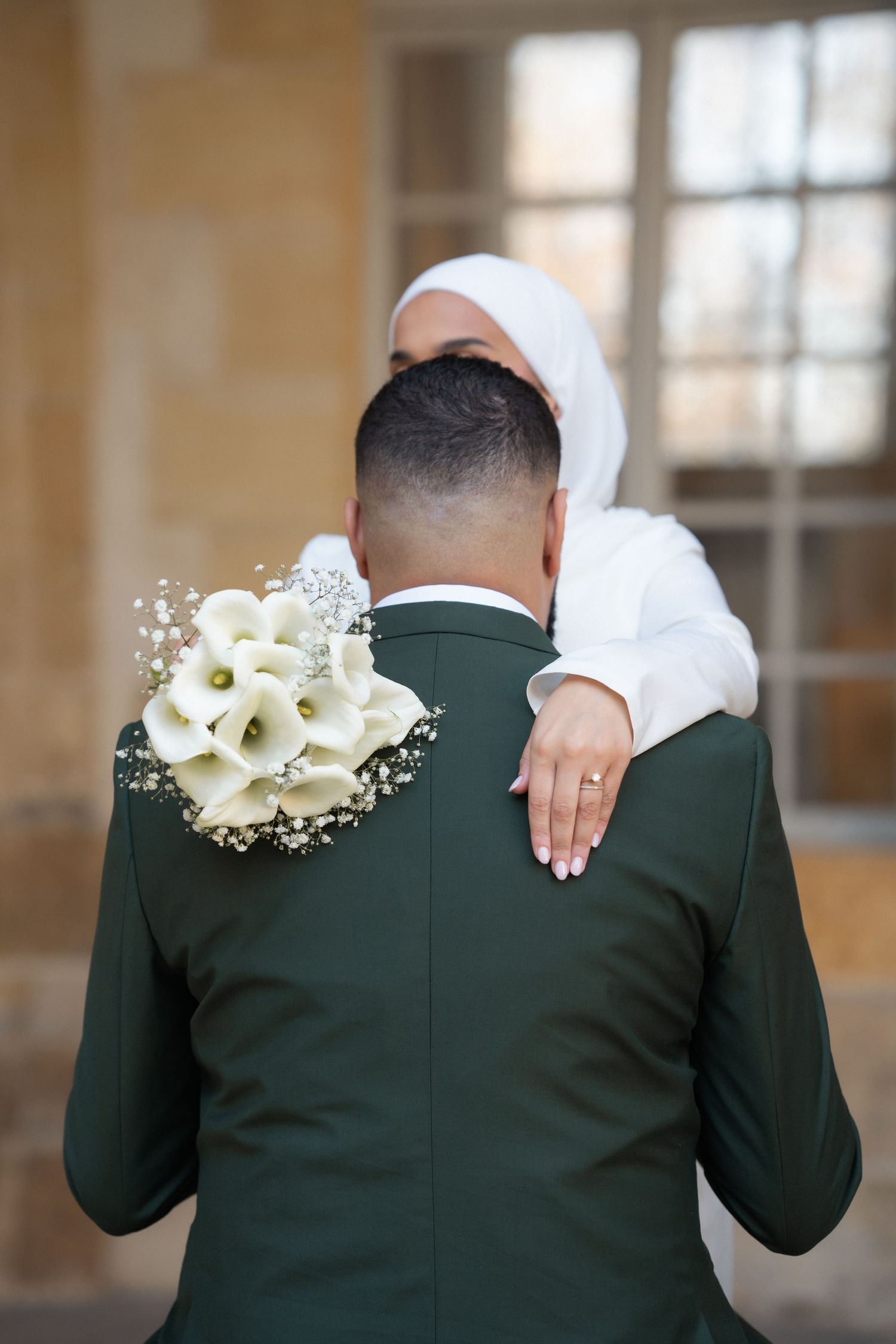 A sequence of wedding photos showing a person in a white dress resting their hands on someone wearing a dark suit.