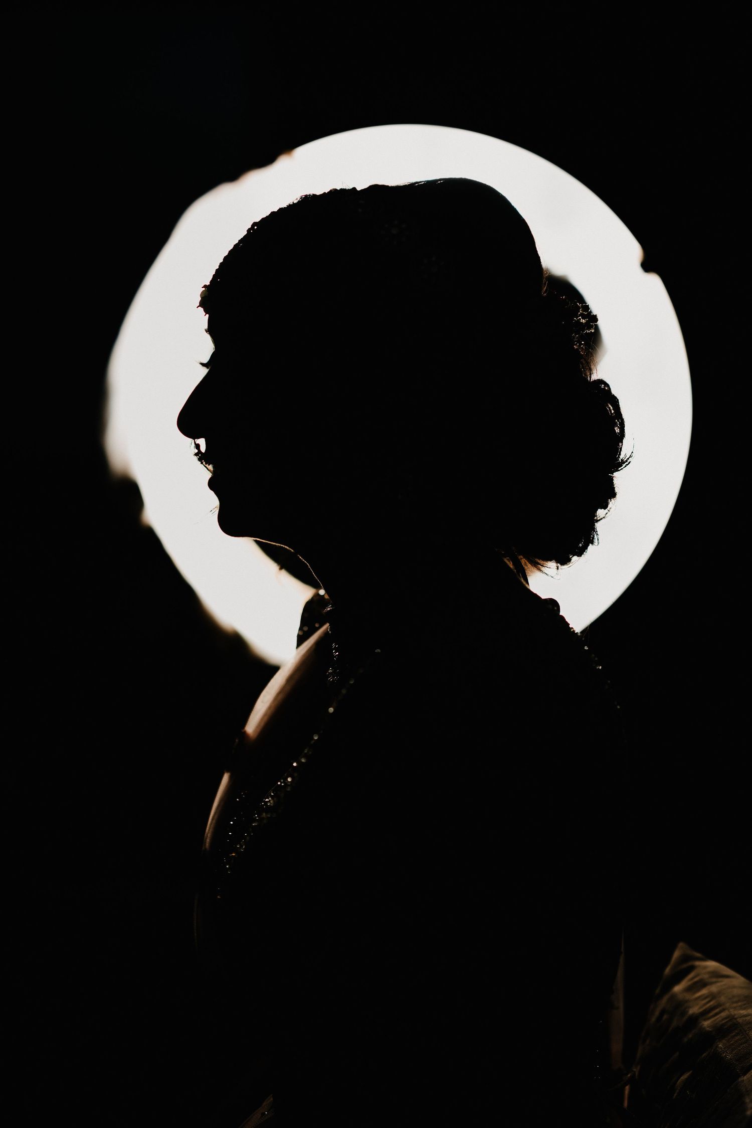 An artistic silhouette portrait against white circle background creating dramatic contrast in black and white.