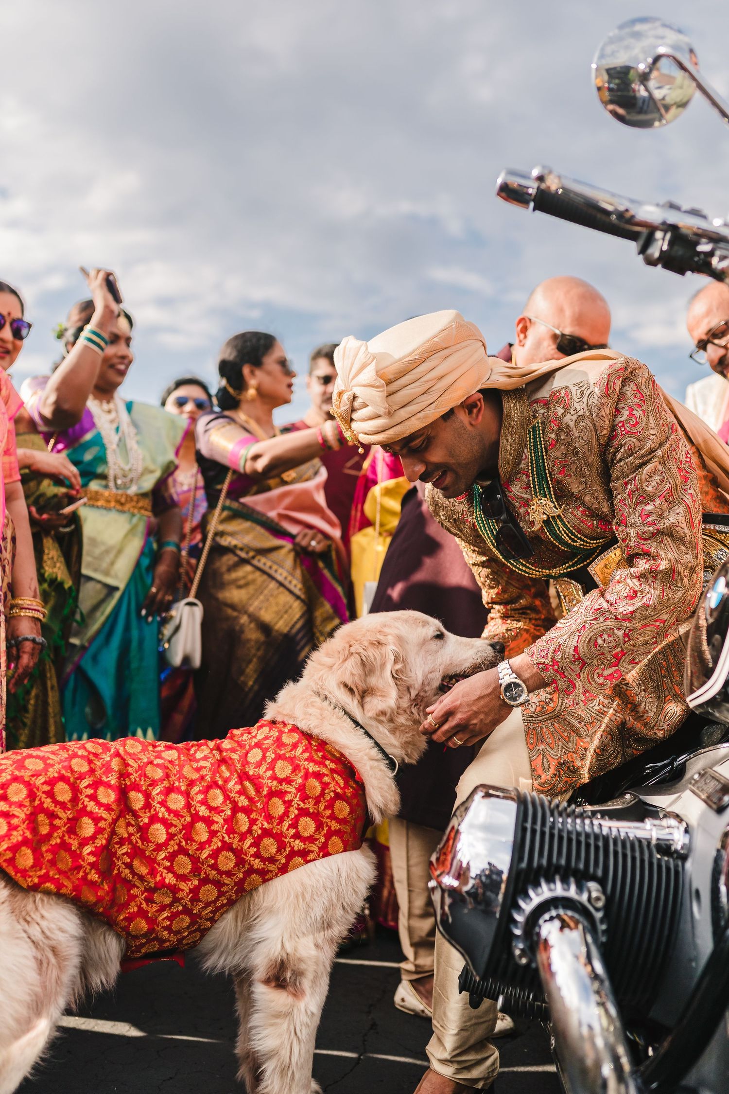 Wedding guest in traditional attire greets a decorated dog at outdoor celebration.