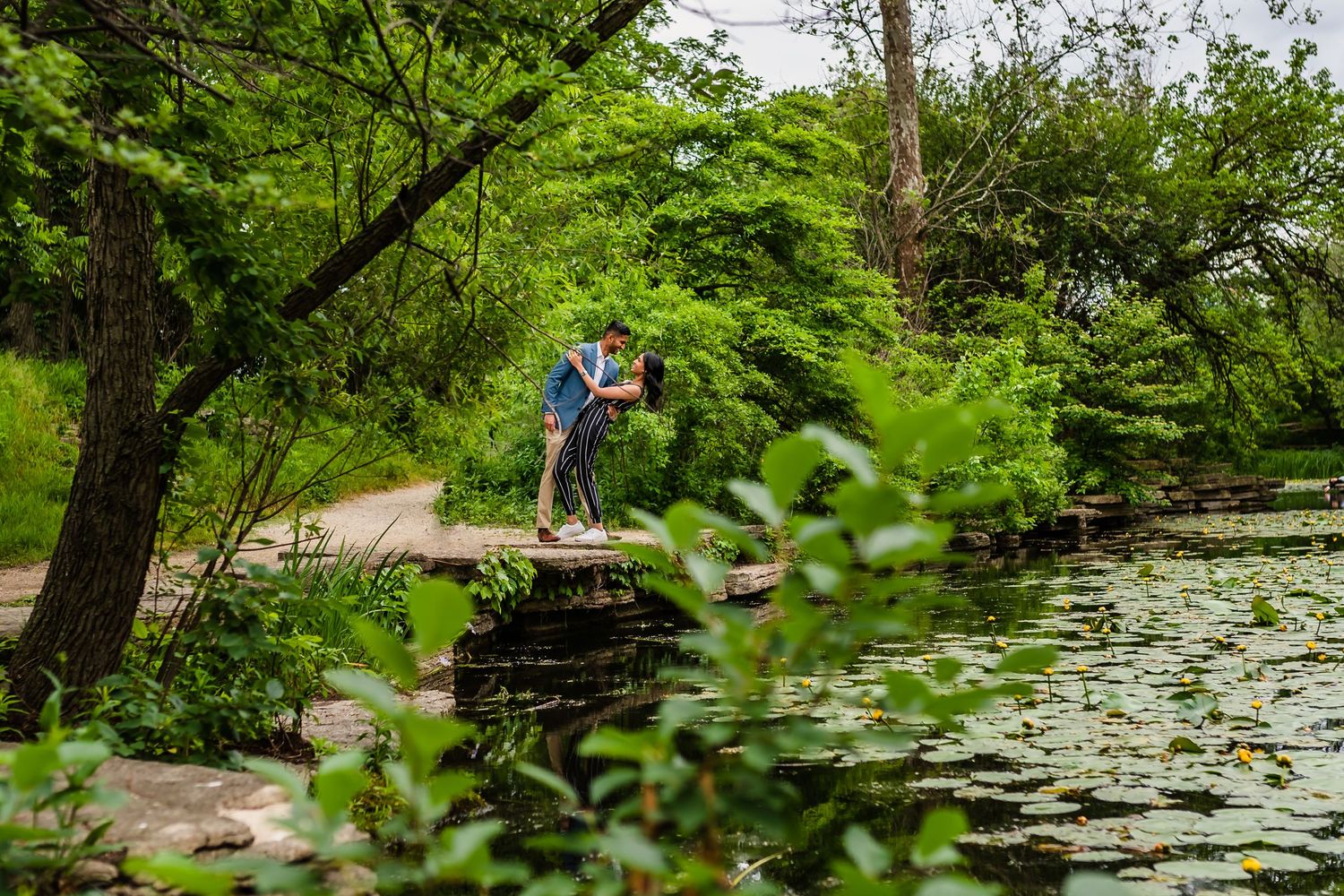 A tranquil lily pond surrounded by lush greenery with stone steps leading out over the water.