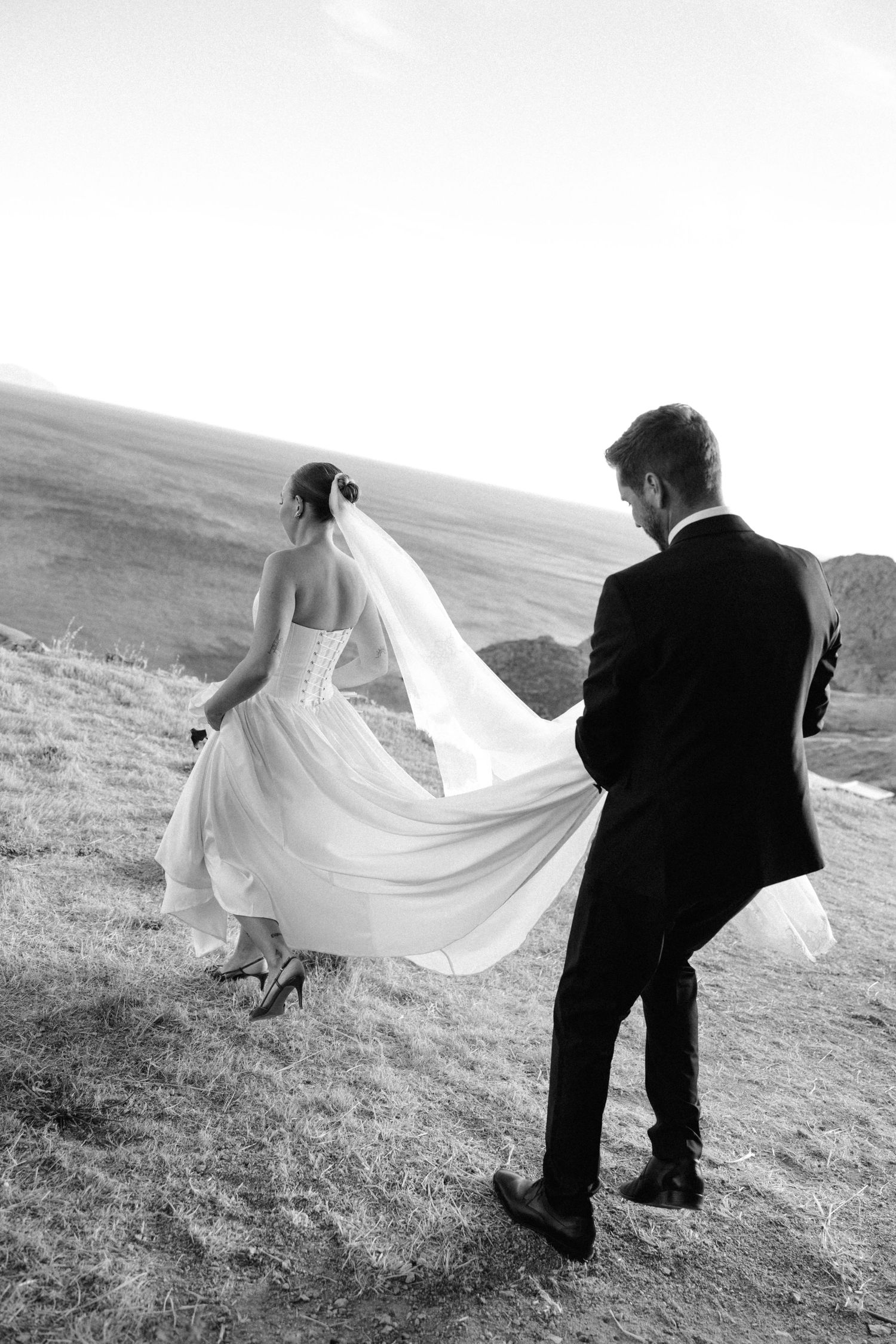 Black and white photo of bride in flowing veil and groom walking across scenic hilltop landscape.