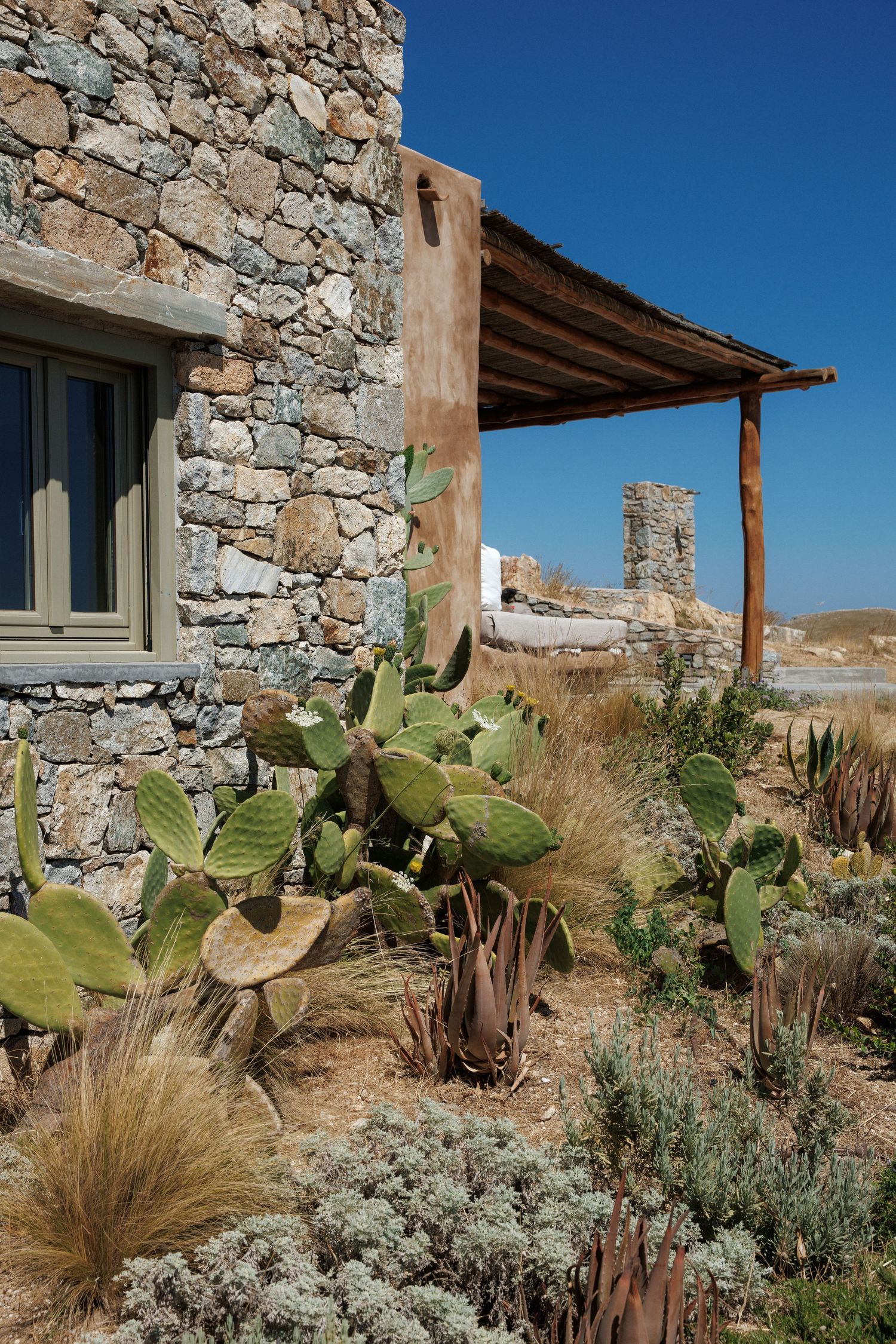 Stone villa with prickly pear cactus and desert plants under blue sky in Mediterranean landscape.
