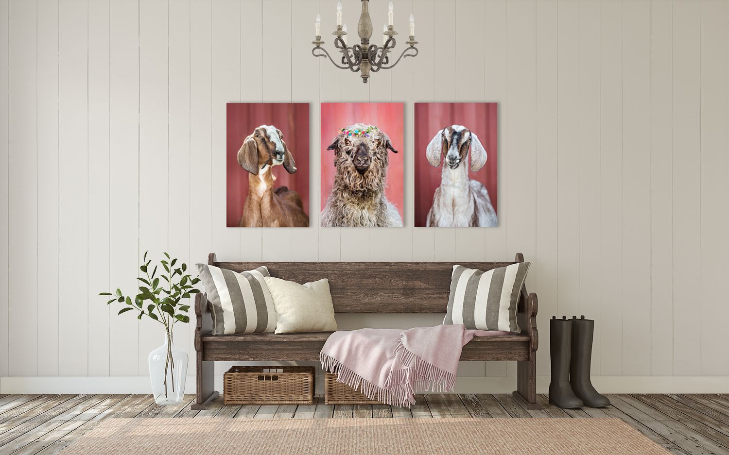 Three colorful dog portraits displayed above a rustic wooden bench with decorative pillows and throw blanket.