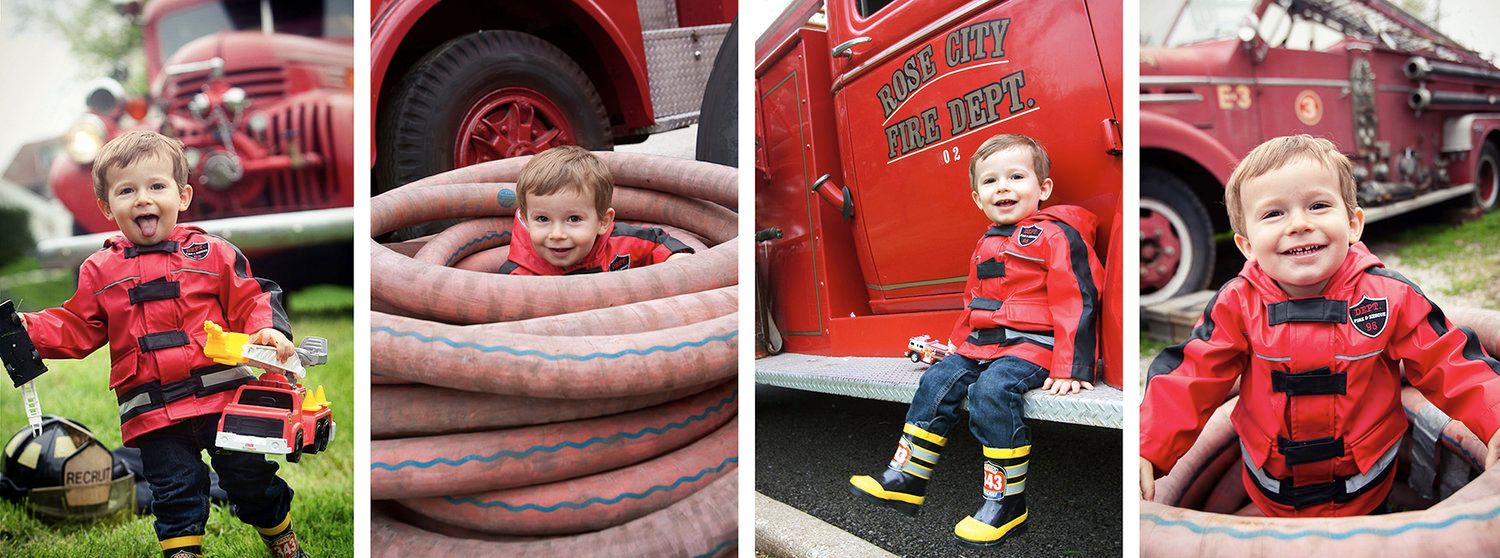 Collection of photos featuring vintage red fire truck and playful moments.