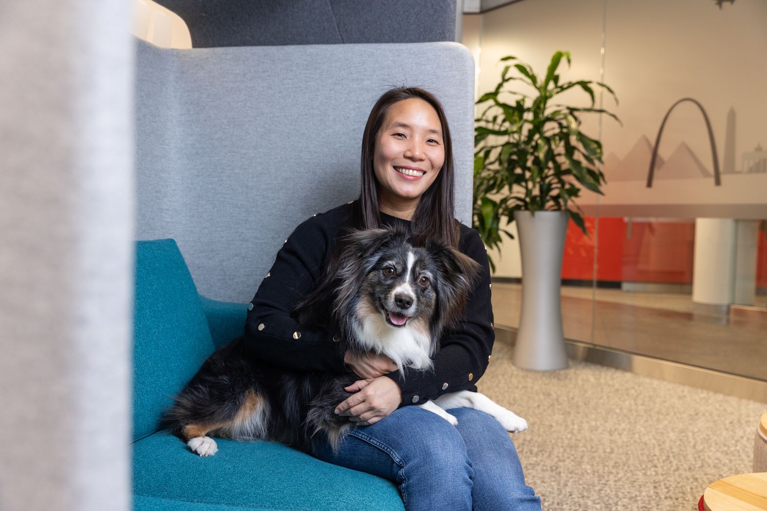 A fluffy border collie mix dog sits with someone on a modern blue office chair.