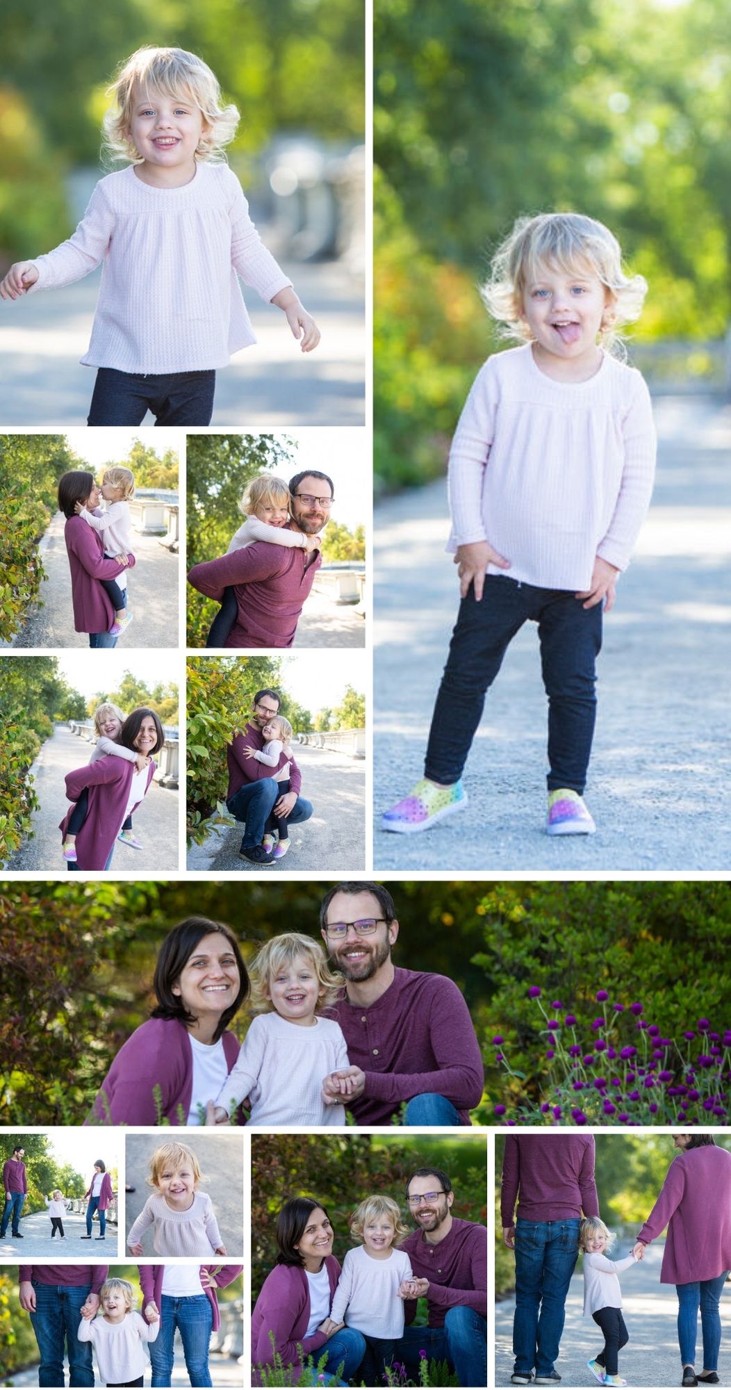 Family photo session in a park showing candid moments and posed shots in purple and white outfits.