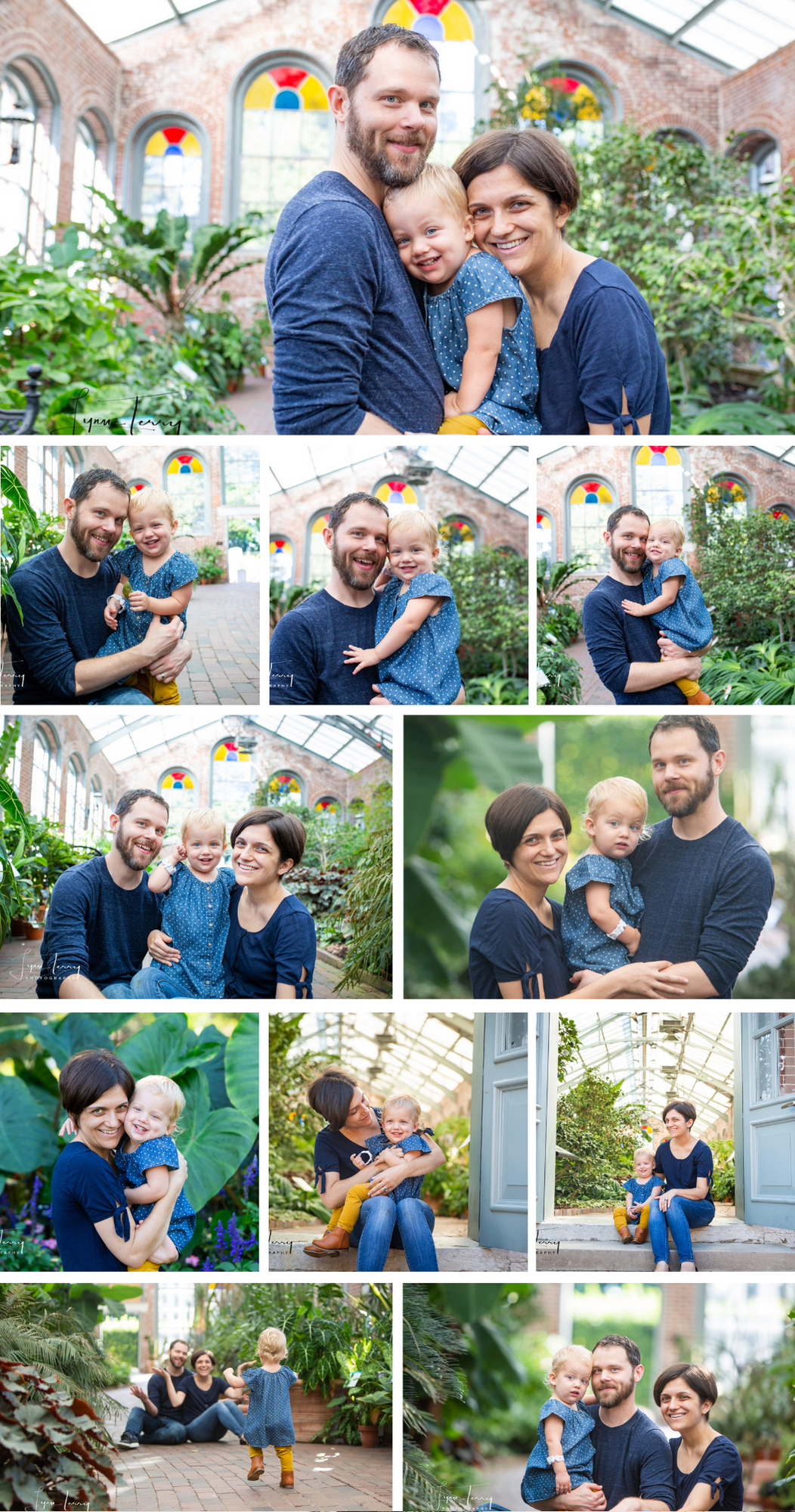 Family lifestyle photography session in a greenhouse with stained glass windows and lush plants.