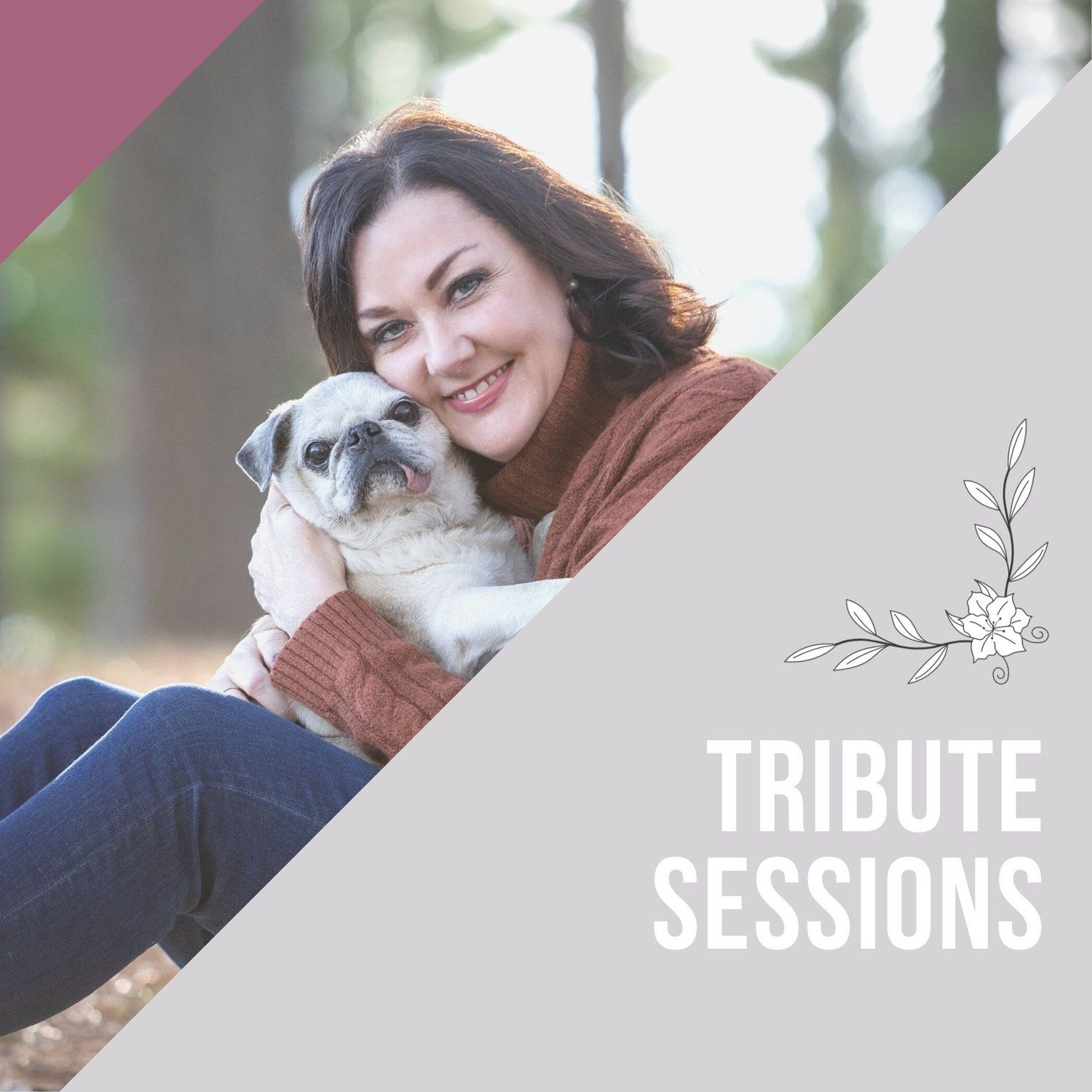 Woman in brown sweater sitting outdoors and cuddling with small gray and white dog in peaceful nature setting.