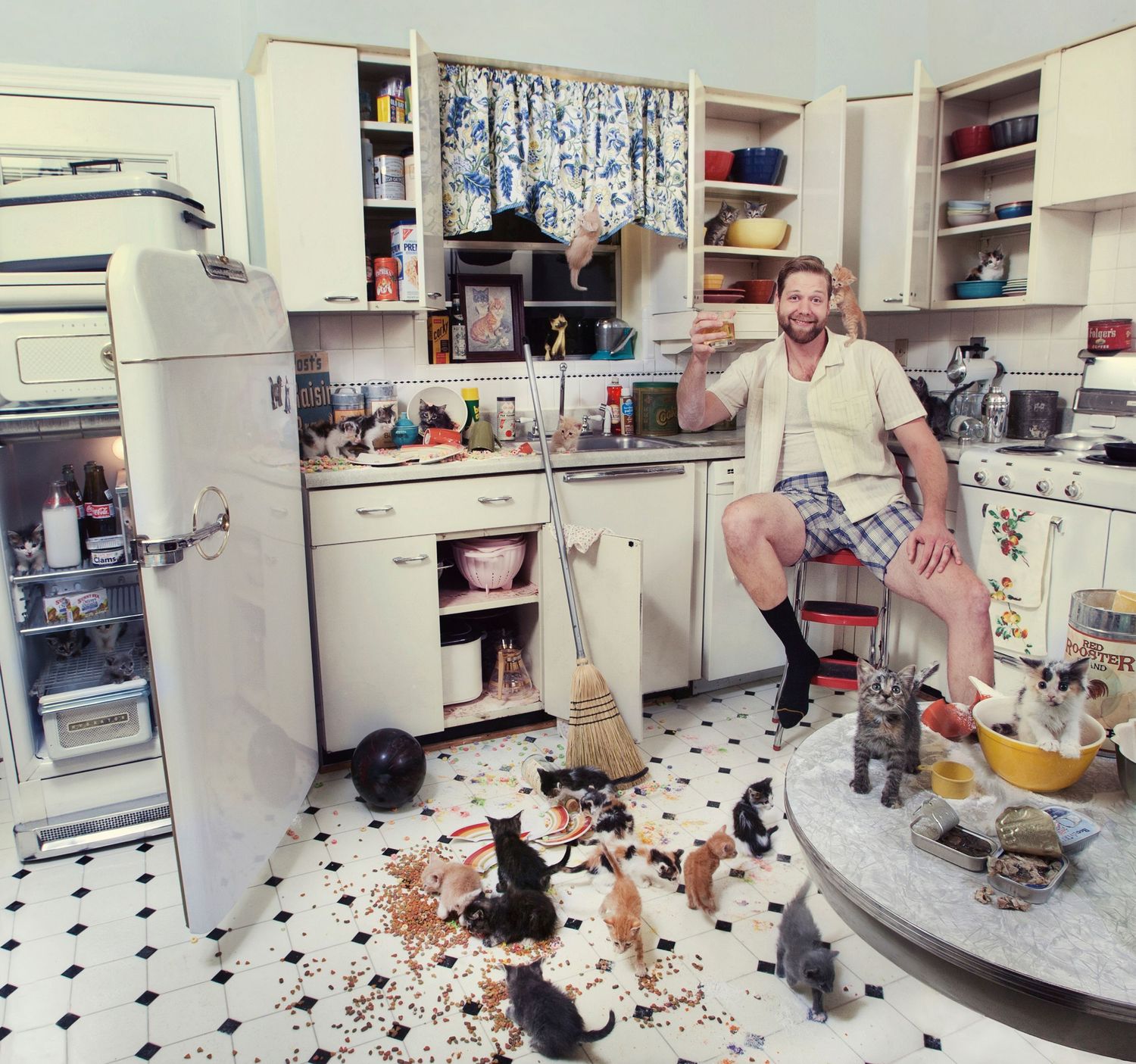 Chaotic retro kitchen scene with white cabinets and multiple cats scattered on black and white tile floor.