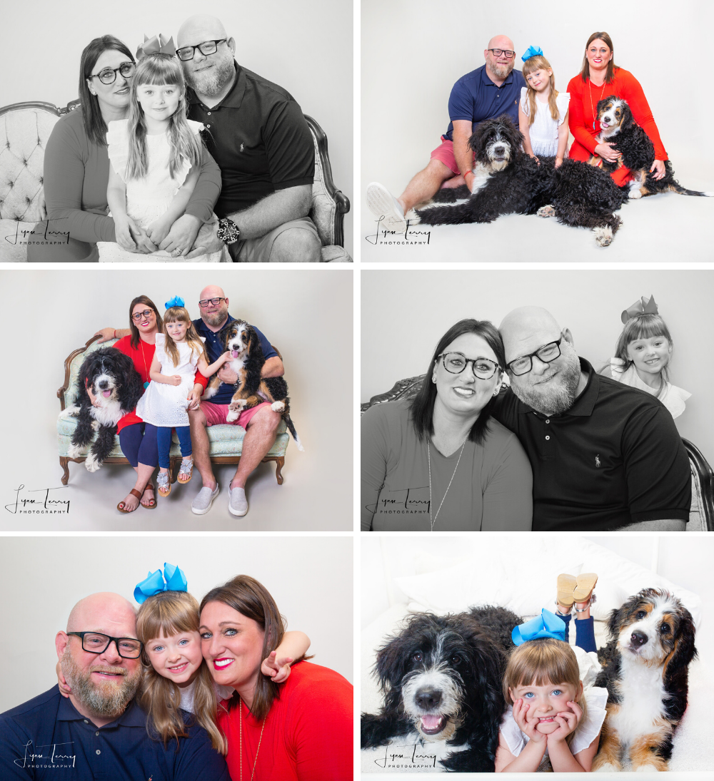 Family photo session with dogs featuring black and white and color portraits on white background.
