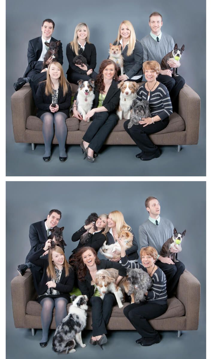 Two formal group photos show people and their various dogs posed together on a gray couch.
