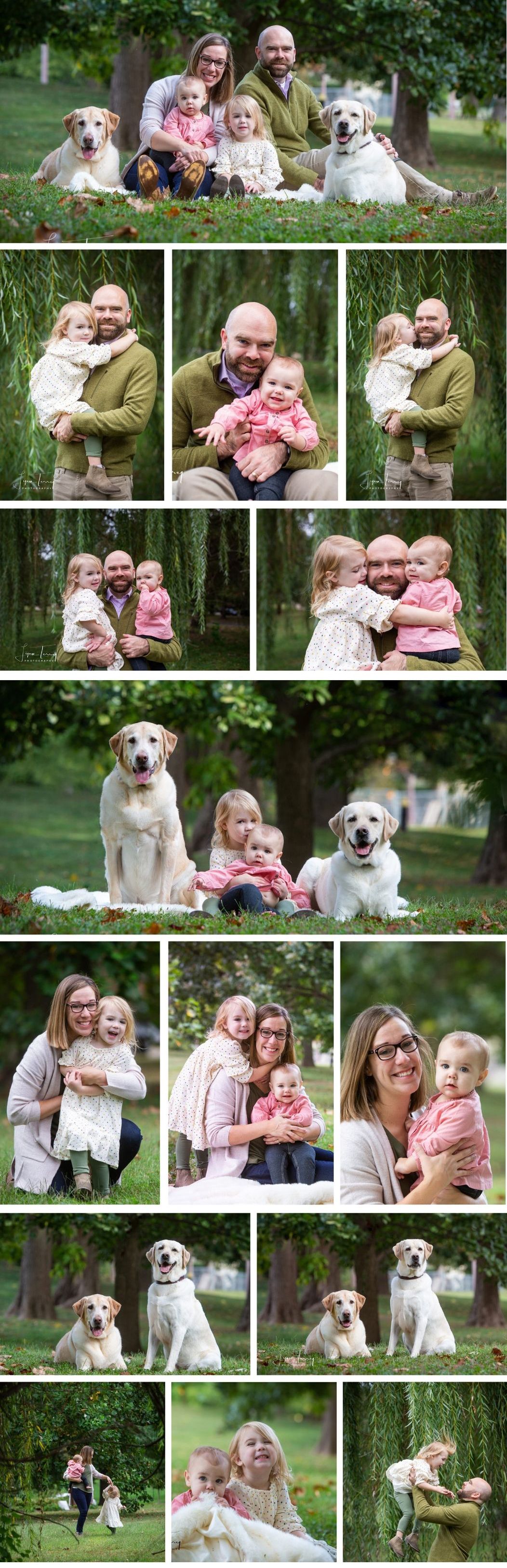 Outdoor family portraits with two golden retrievers and young children on grass under trees.